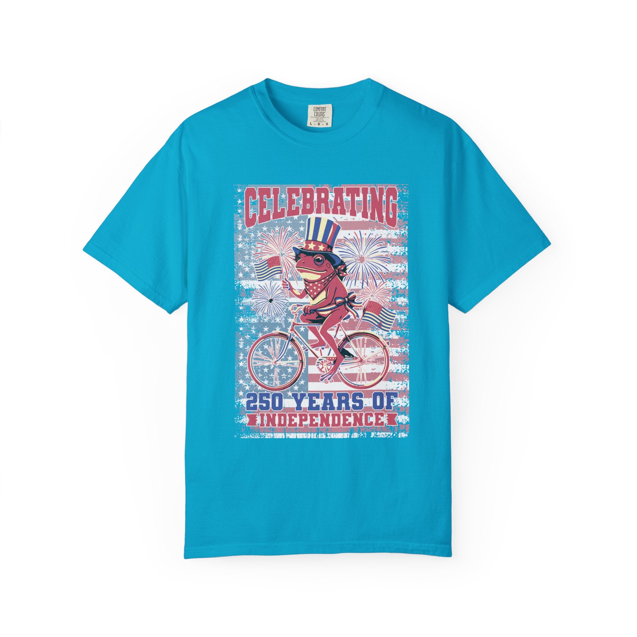 Textured Independence Day Dog on Bike T-Shirt — "Celebrating 250 Years of Independence" Patriotic Tee