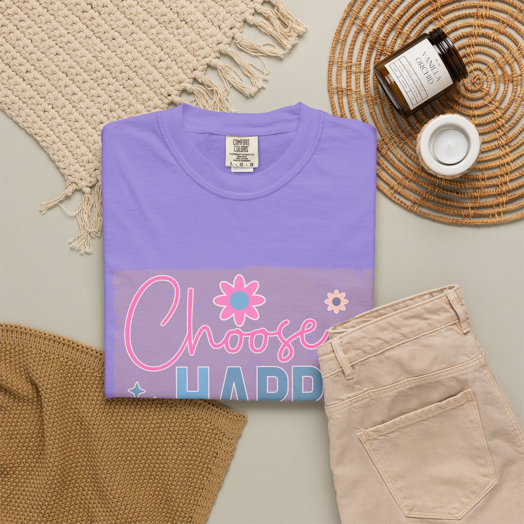 Choose Happy Textured T-Shirt — Retro Floral Positive Message Tee