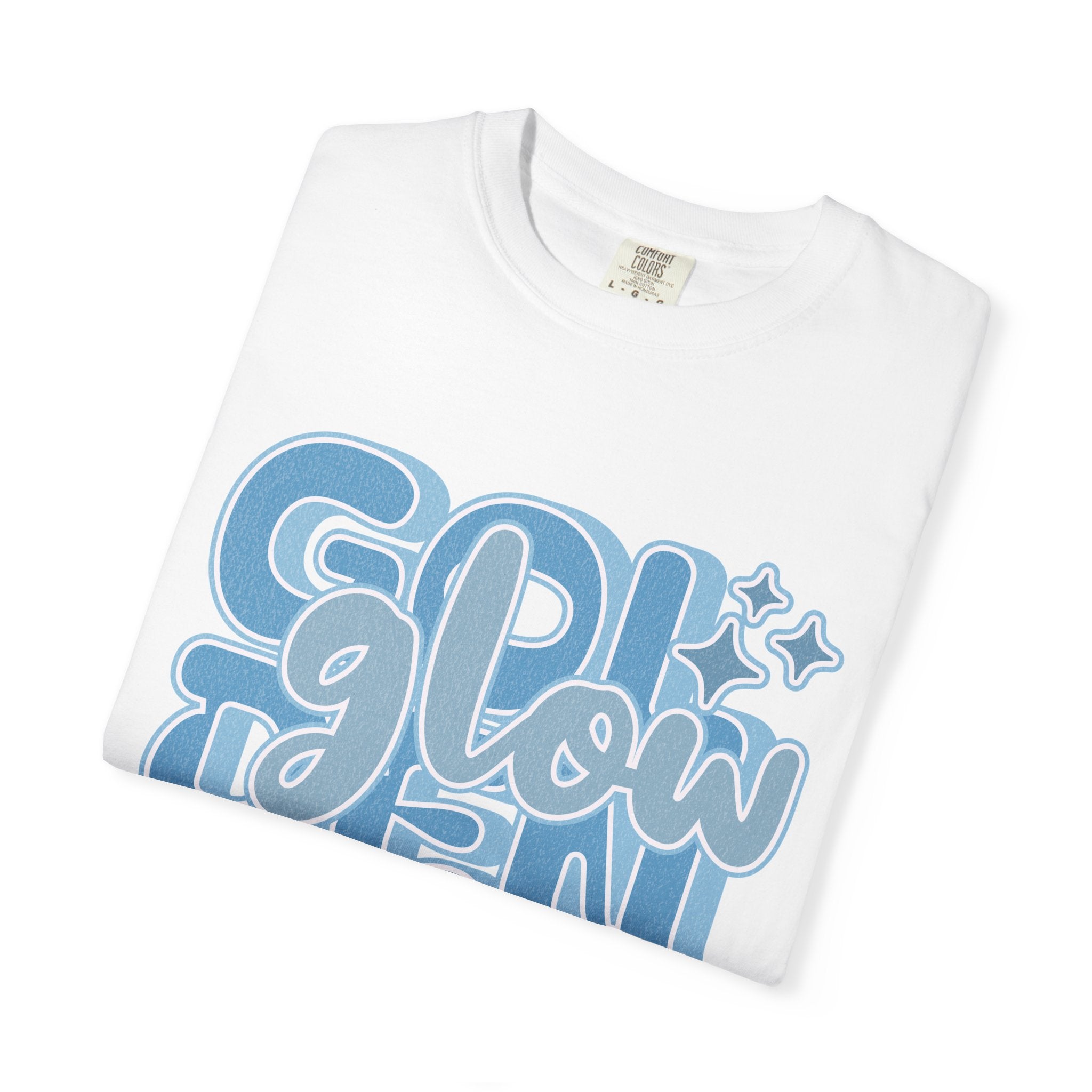 Golden Glow Textured  T‑Shirt — Retro Blue Script Graphic Tee