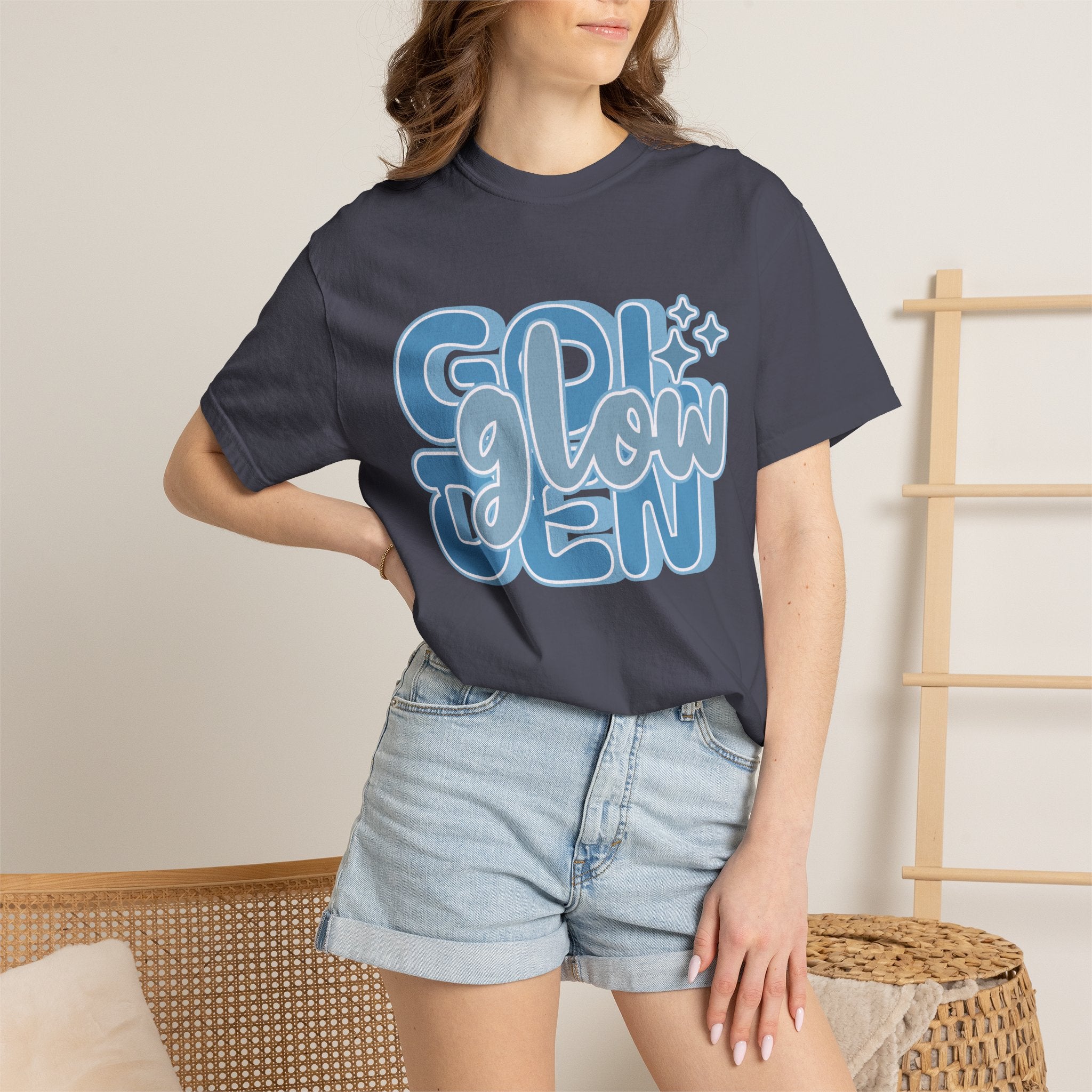 Golden Glow Textured  T‑Shirt — Retro Blue Script Graphic Tee