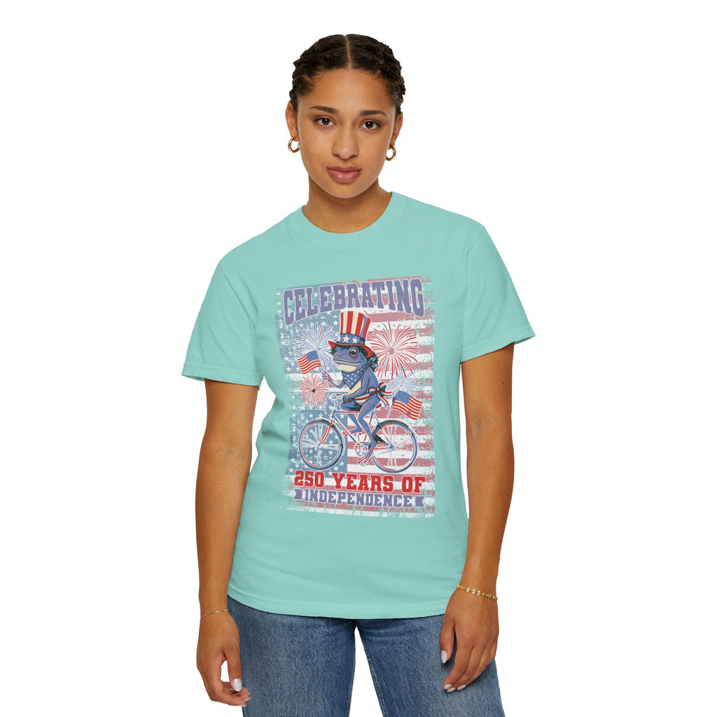 Textured Independence Day Patriotic T-Shirt — "Celebrating 250 Years of Independence" Bicycle Uncle Sam Design
