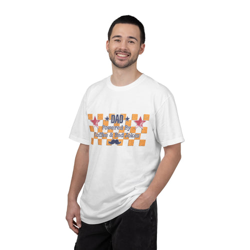 Dad Textured T-Shirt — "Powered by Coffee & Bad Jokes" Retro Checker Fathers Day Tee