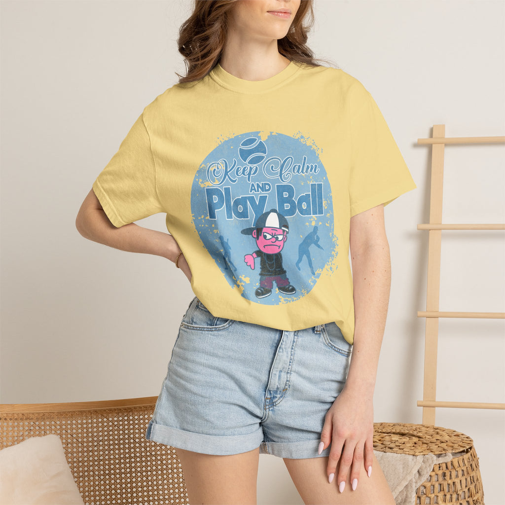 Textured Keep Calm and Play Ball Baseball T-Shirt — Cute Mascot Sports Tee for Kids & Fans