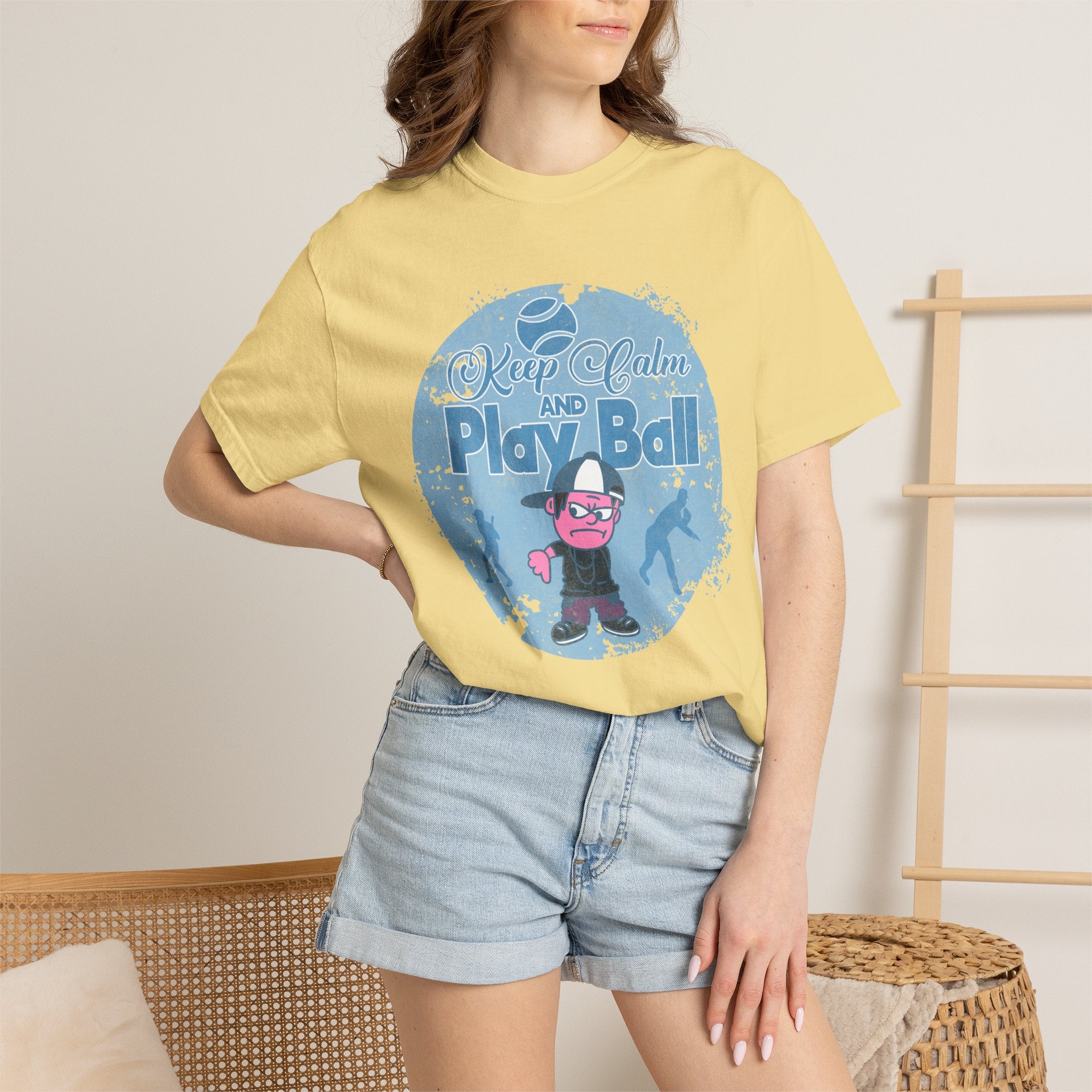 Textured Keep Calm and Play Ball Baseball T-Shirt — Cute Mascot Sports Tee for Kids & Fans