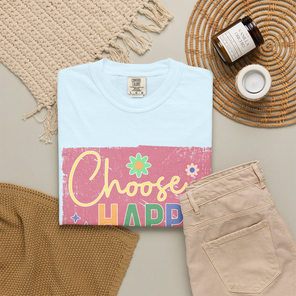 Choose Happy Textured T-Shirt – Retro Floral Positive Vibes Tee