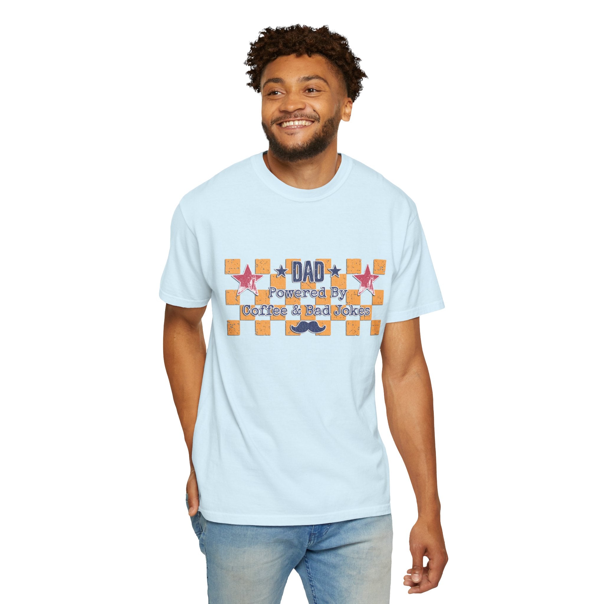 Dad Textured T-Shirt — "Powered by Coffee & Bad Jokes" Retro Checker Fathers Day Tee