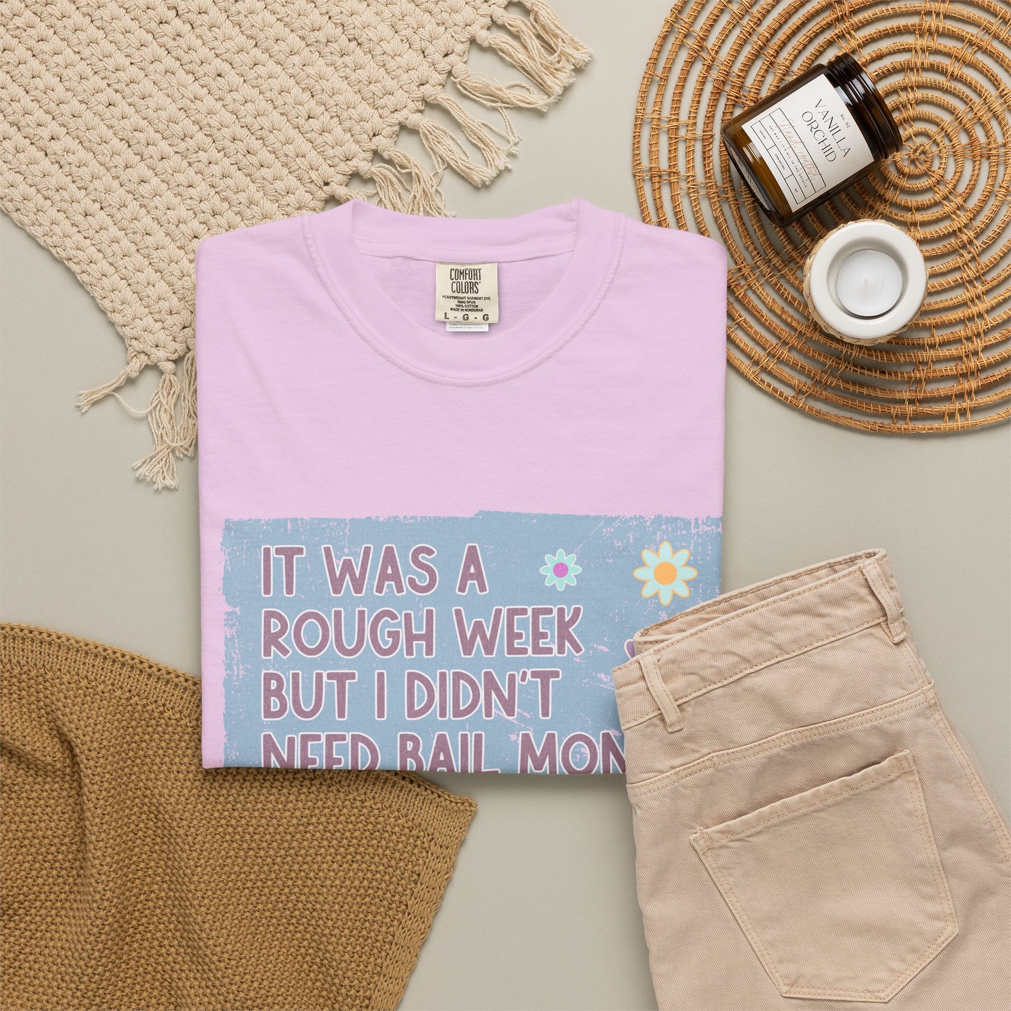 Textured Graphic T-Shirt — "It Was a Rough Week But I Didn't Need Bail Money" Vintage Floral Tee