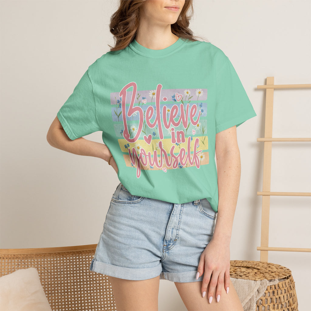 Textured Believe in Yourself T-Shirt — Pastel Floral Inspirational Tee