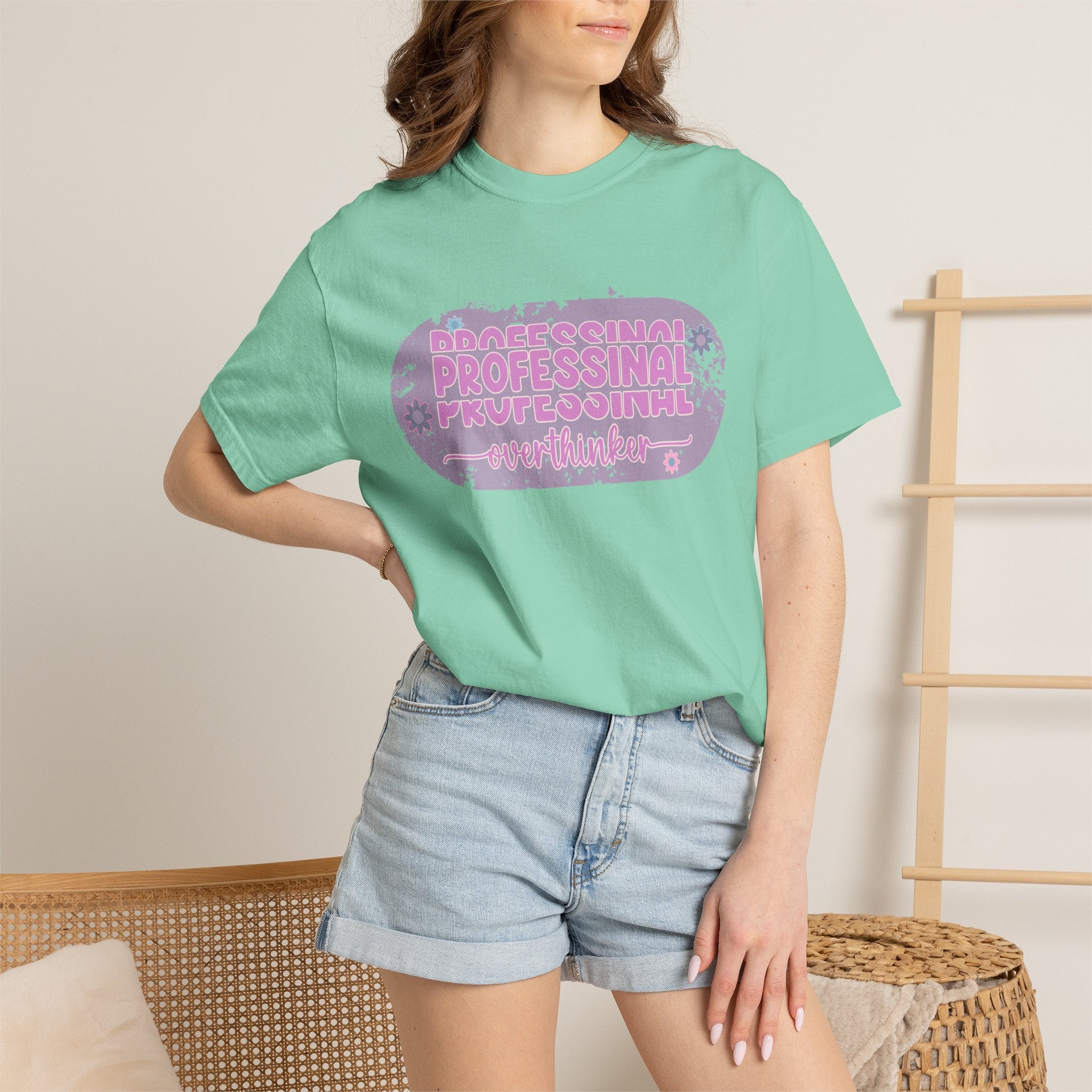 Professional Overthinker  Floral Textured T-Shirt — Retro Pink Graphic Tee