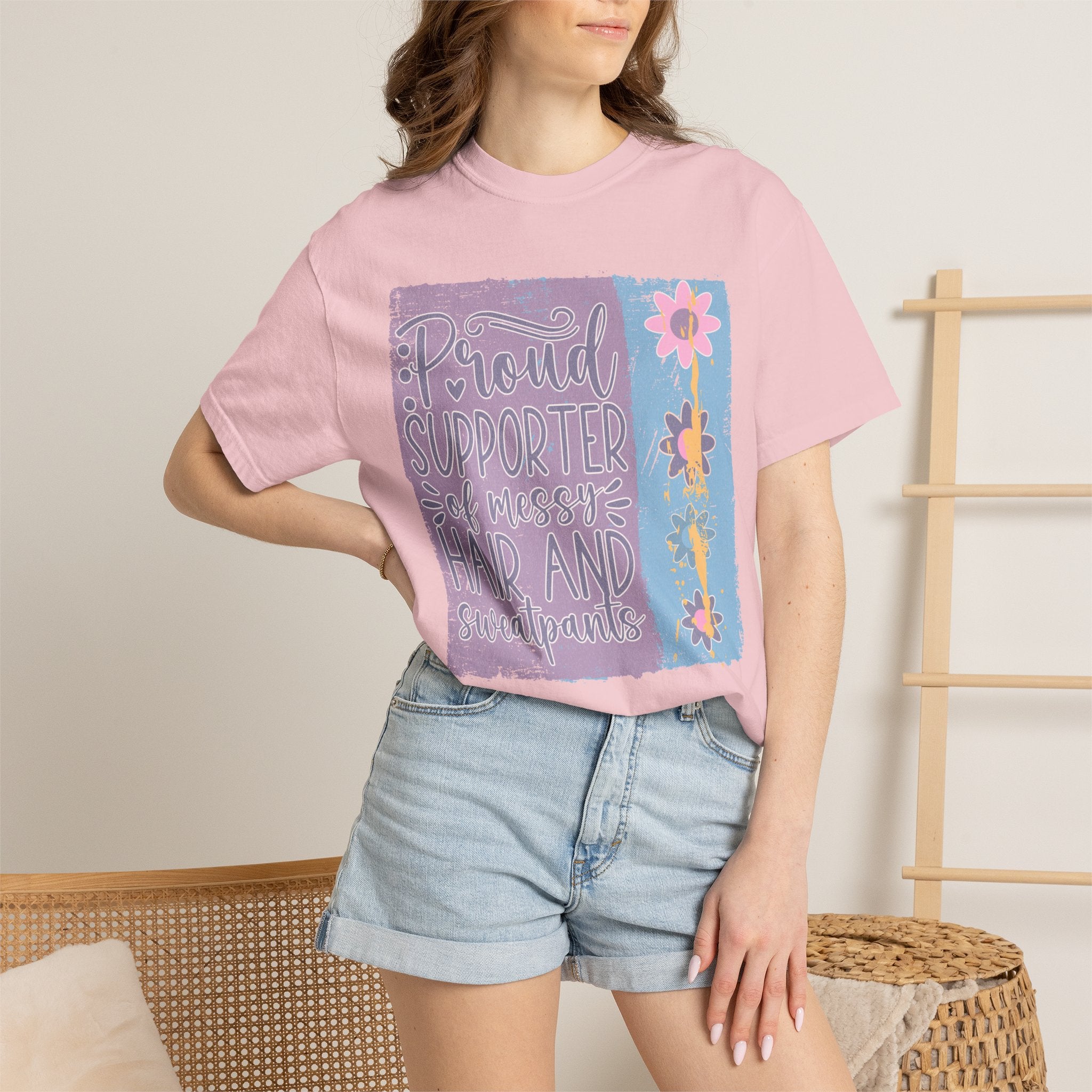 Textured T-Shirt — "Proud Supporter of Messy Hair and Sweatpants" Floral Graphic