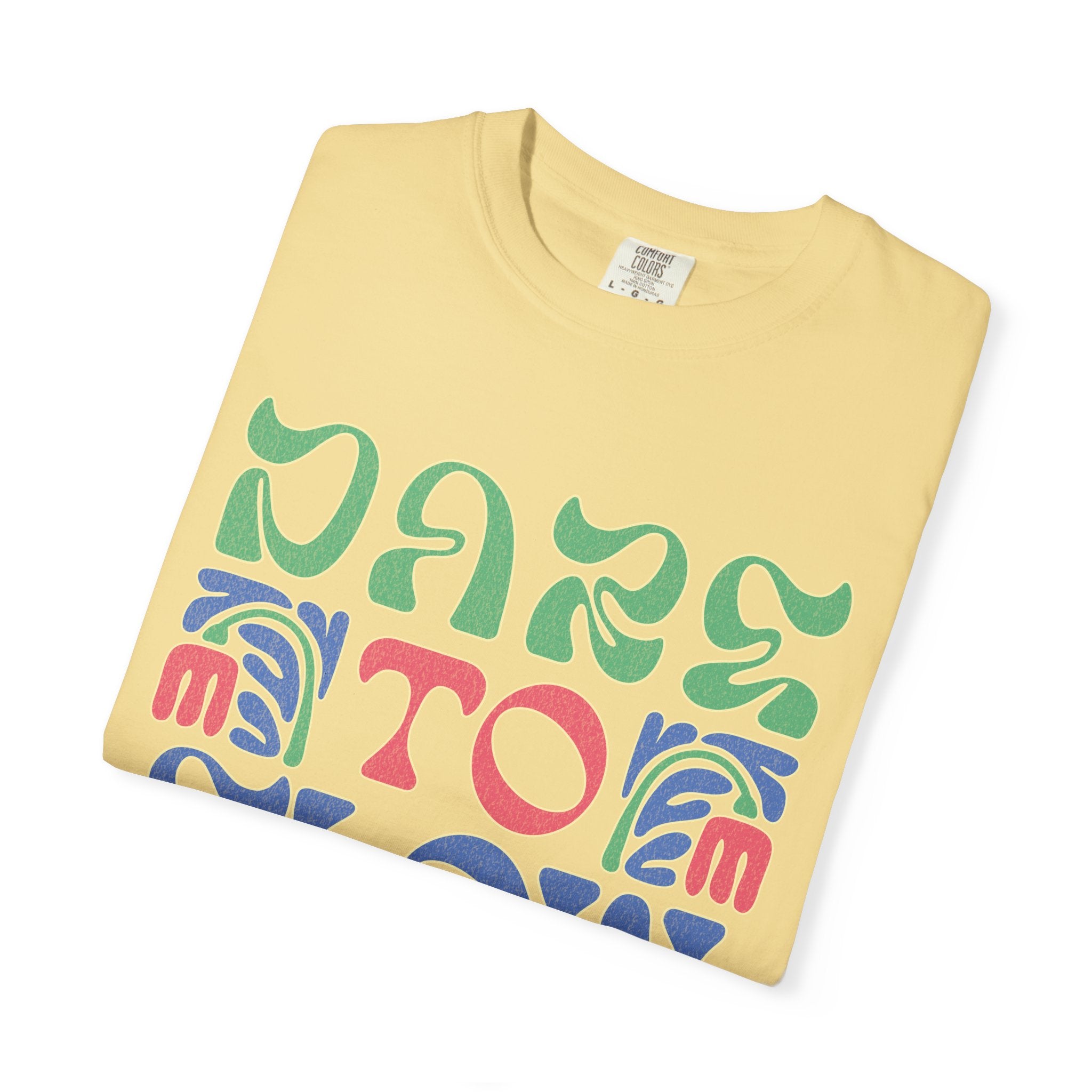 Dare To Flow T-Shirt | Textured Retro Groovy Typography, Colorful Wave Design