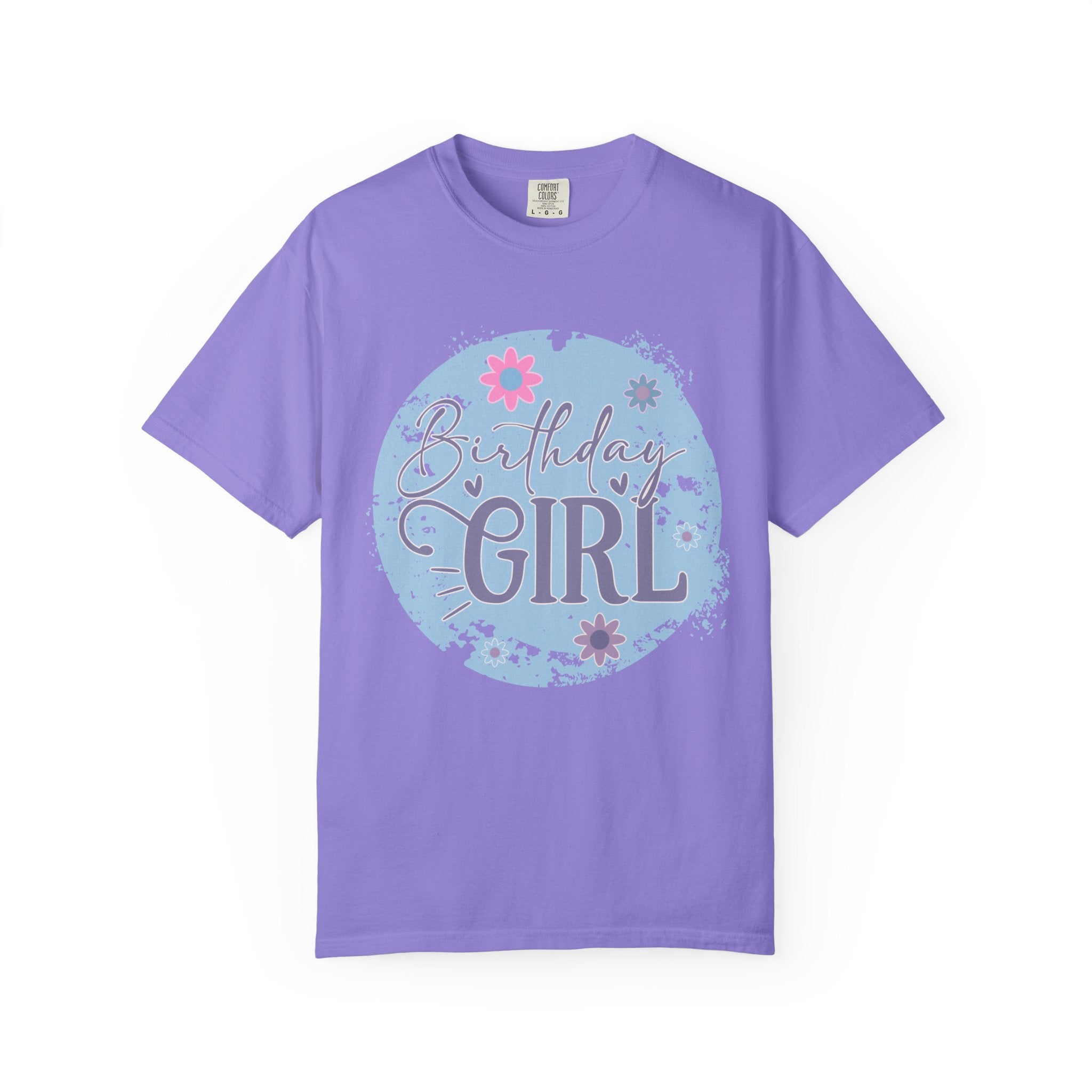 Birthday Girl Textured T-Shirt — Floral Blue Circle Graphic