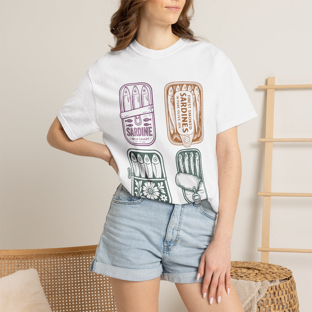 Sardine Tin Graphic Textured T-Shirt — Vintage Seafood Illustration Tee