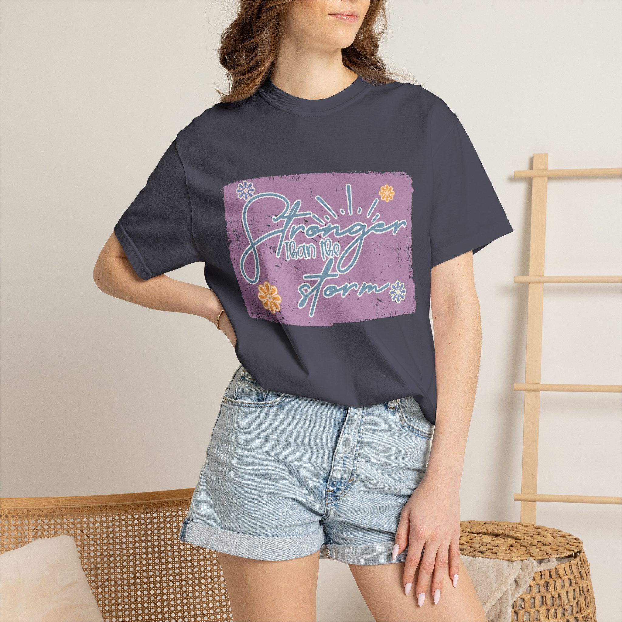 Stronger Than The Storm T-shirt |Textured Floral Script Graphic