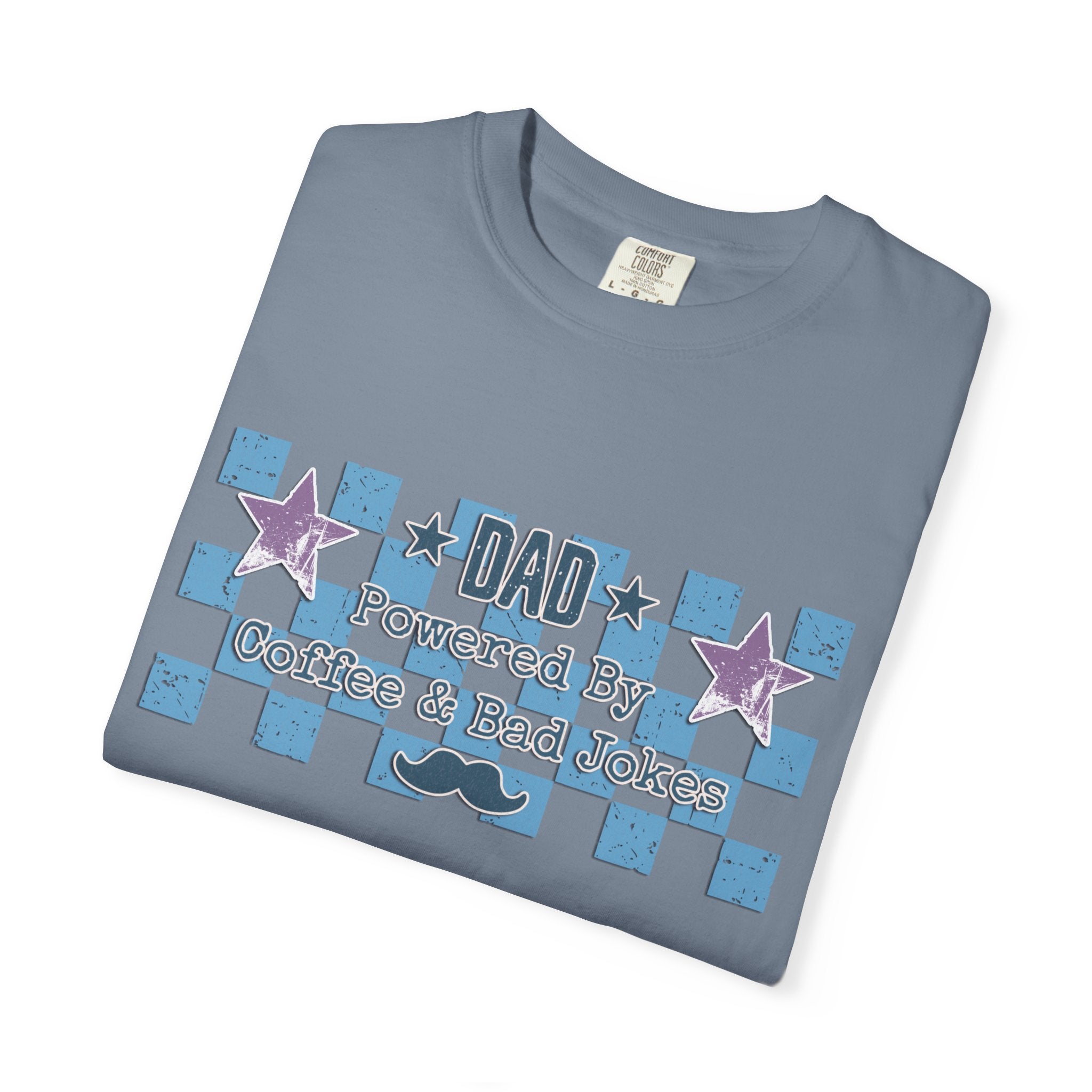 Textured Dad Powered By Coffee & Chaos T-Shirt — Retro Checkered Father's Day Tee