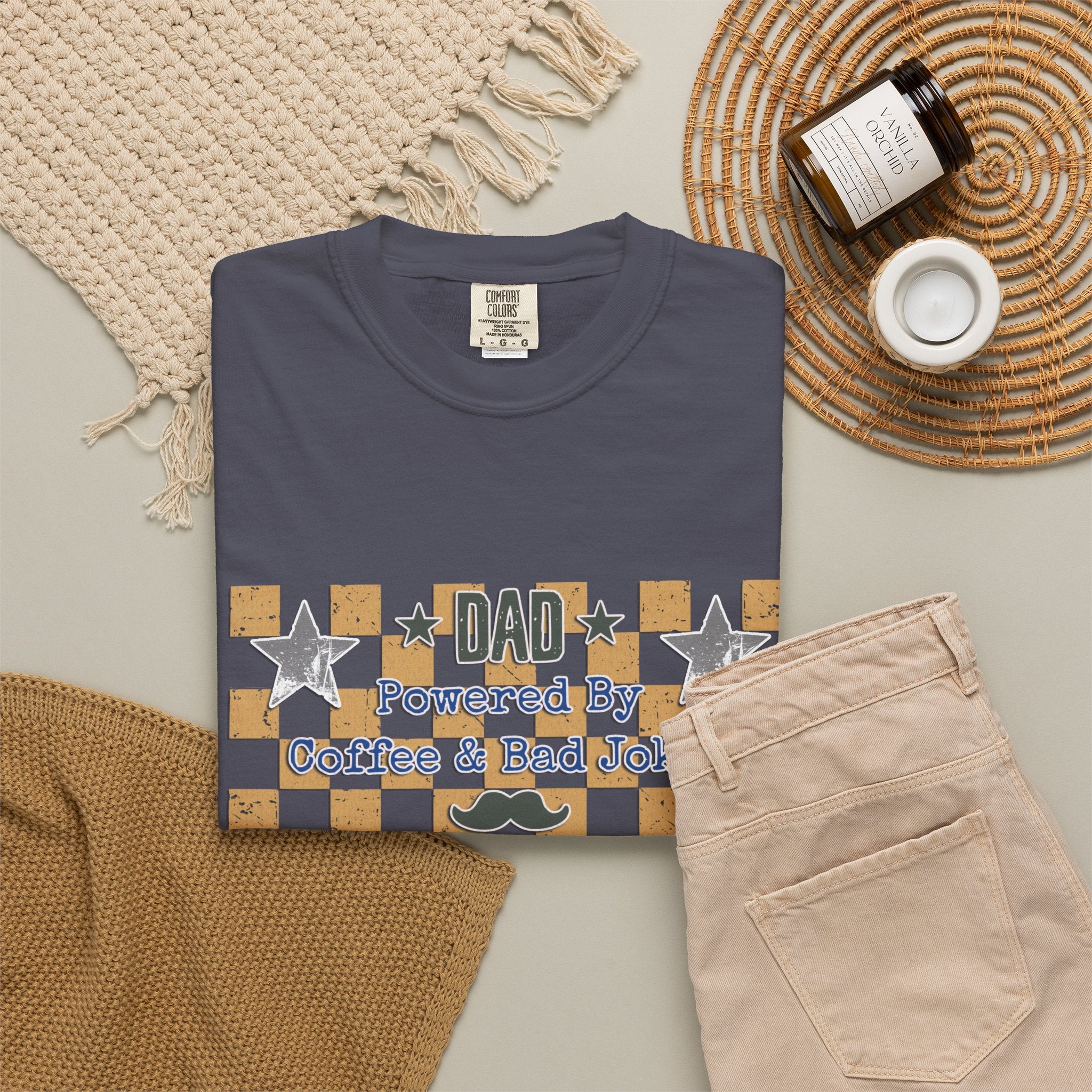 Dad Powered By Coffee & Bad Jokes Textured T-Shirt — Funny Fathers Day Gift