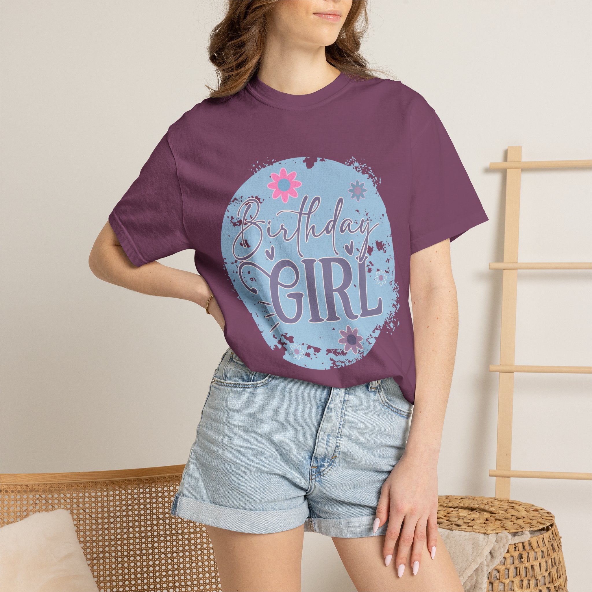 Birthday Girl Textured T-Shirt — Floral Blue Circle Graphic