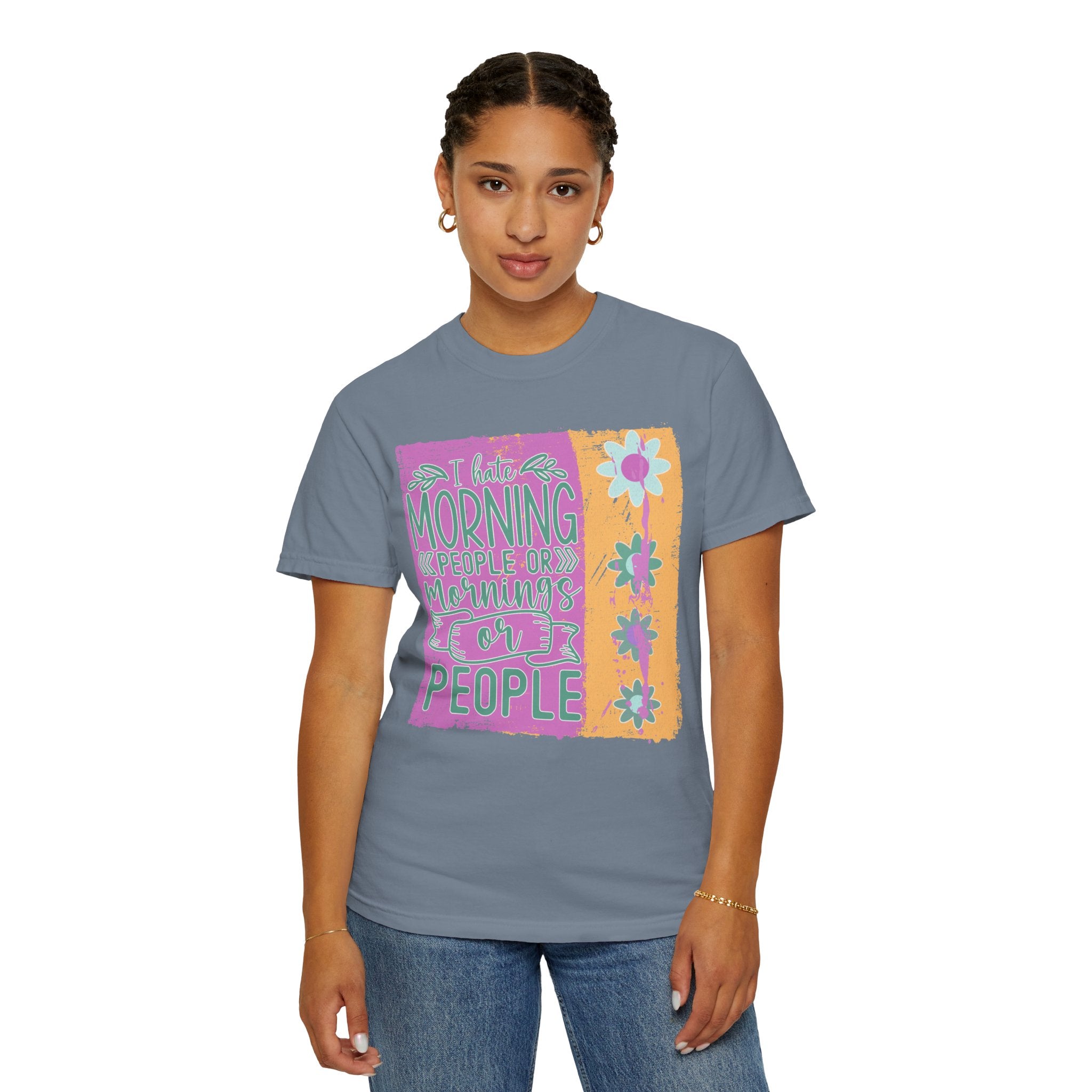 Graphic Textured T-Shirt — “Not a Morning Person” Retro Floral Block Design