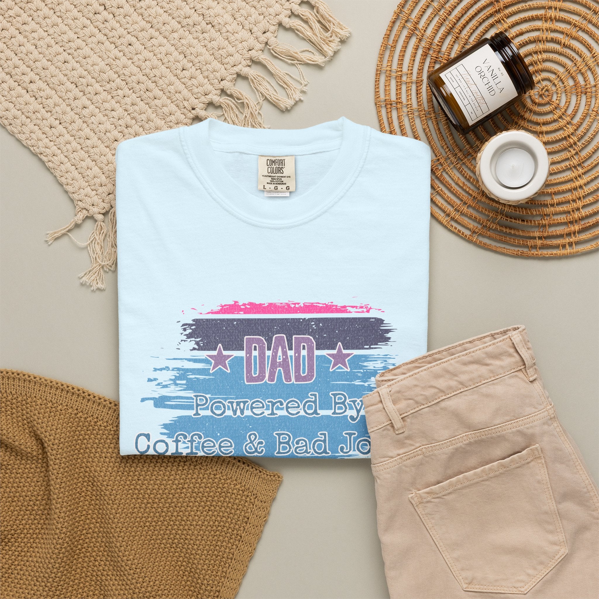 Textured Dad T-Shirt - "Powered By Coffee & Bad Jokes" Vintage Stripe Father's Day Tee