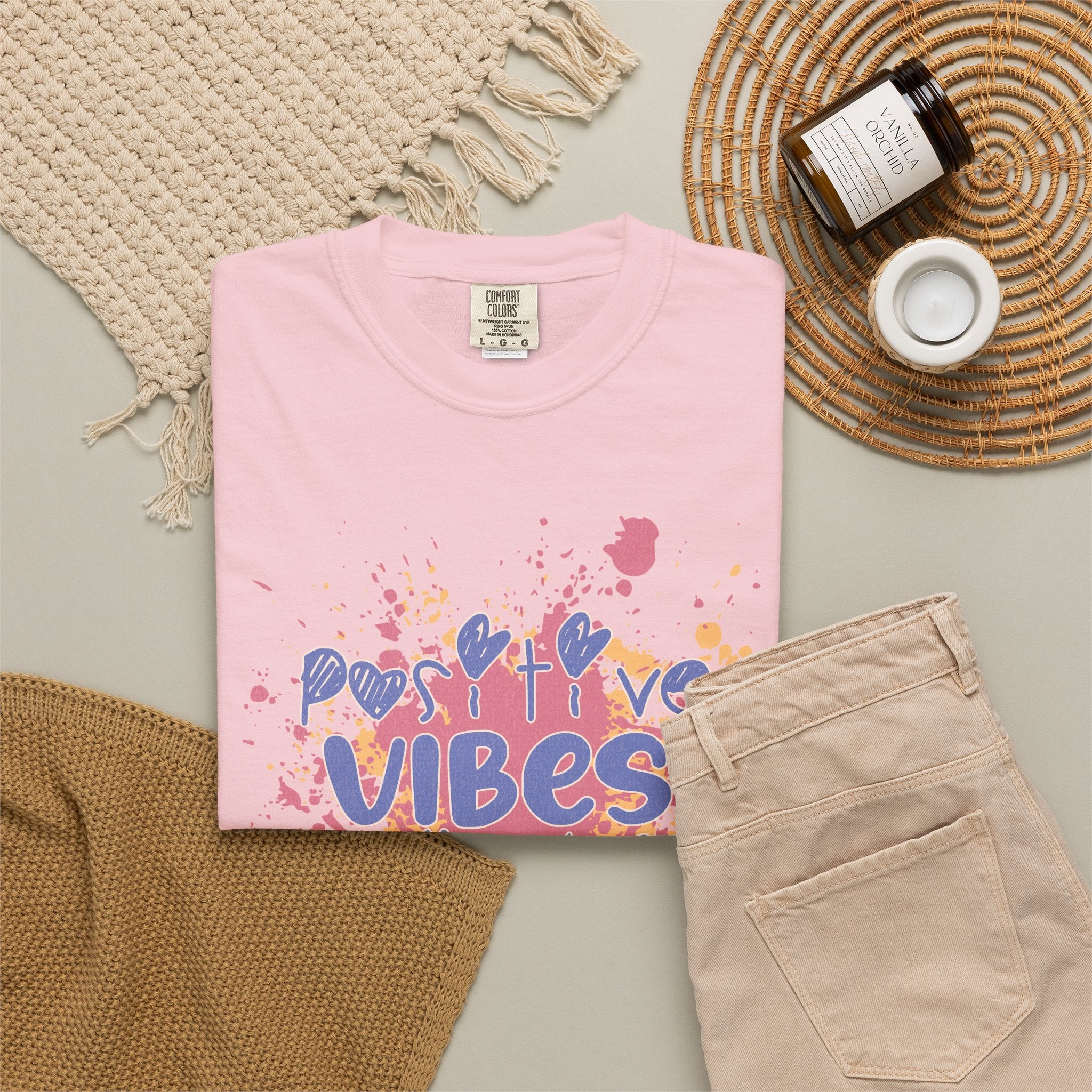 Positive Vibes T-Shirt — Colorful Splatter Typography Tee