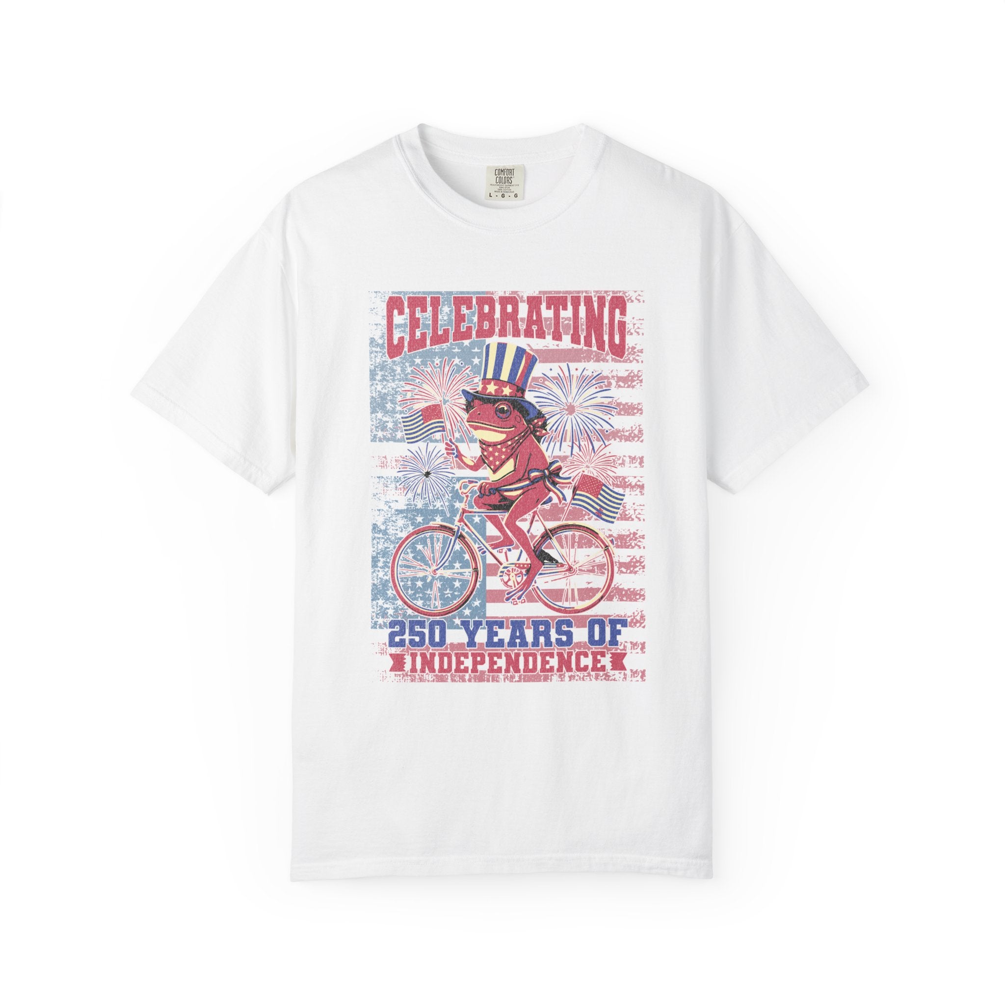 Textured Independence Day Dog on Bike T-Shirt — "Celebrating 250 Years of Independence" Patriotic Tee