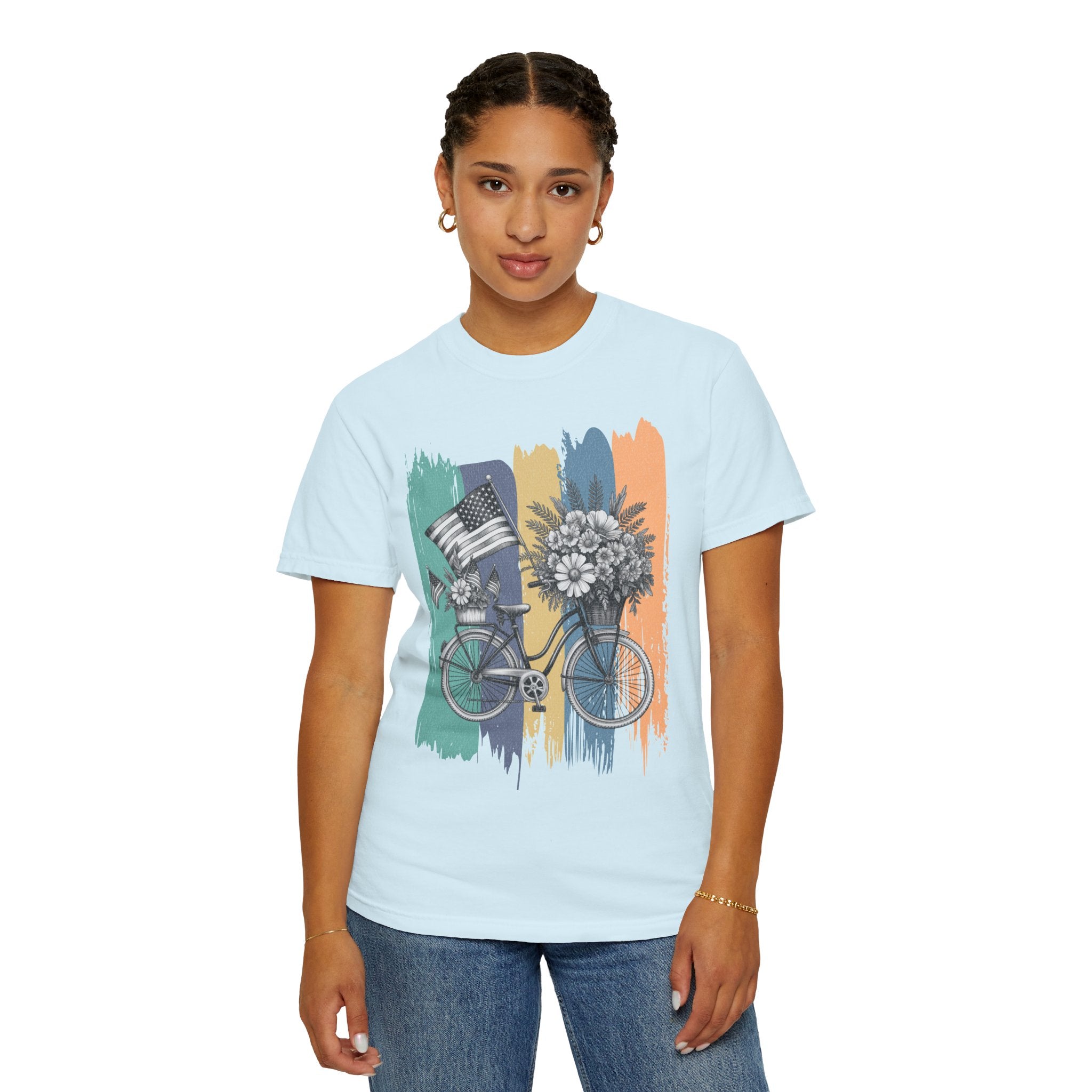 Textured Vintage Bicycle T-Shirt — Floral Basket & American Flag Graphic