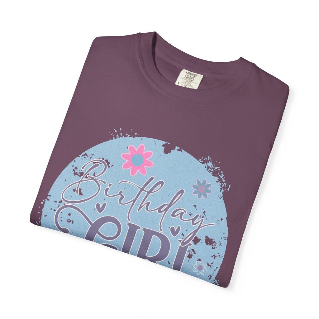 Birthday Girl Textured T-Shirt — Floral Blue Circle Graphic