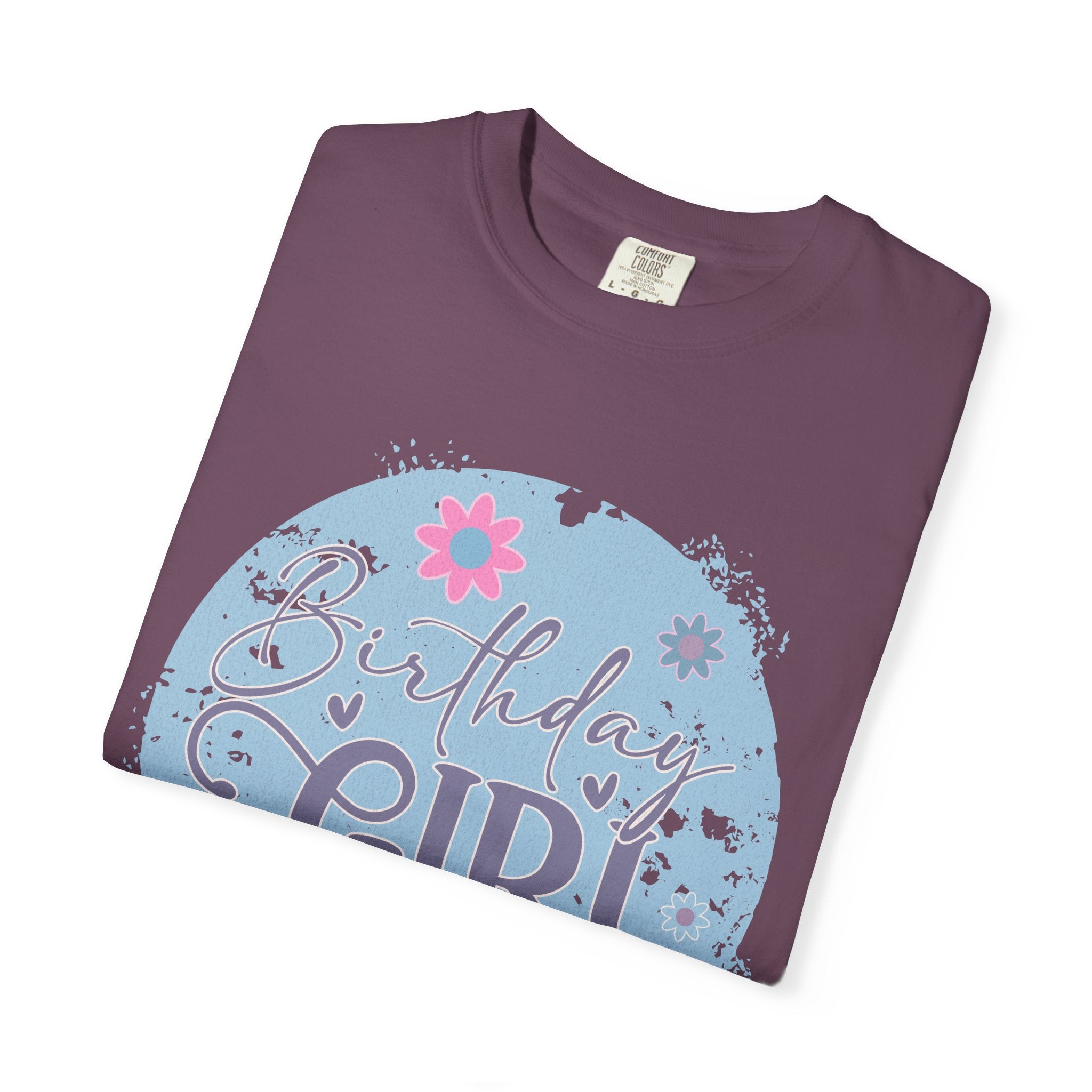 Birthday Girl Textured T-Shirt — Floral Blue Circle Graphic