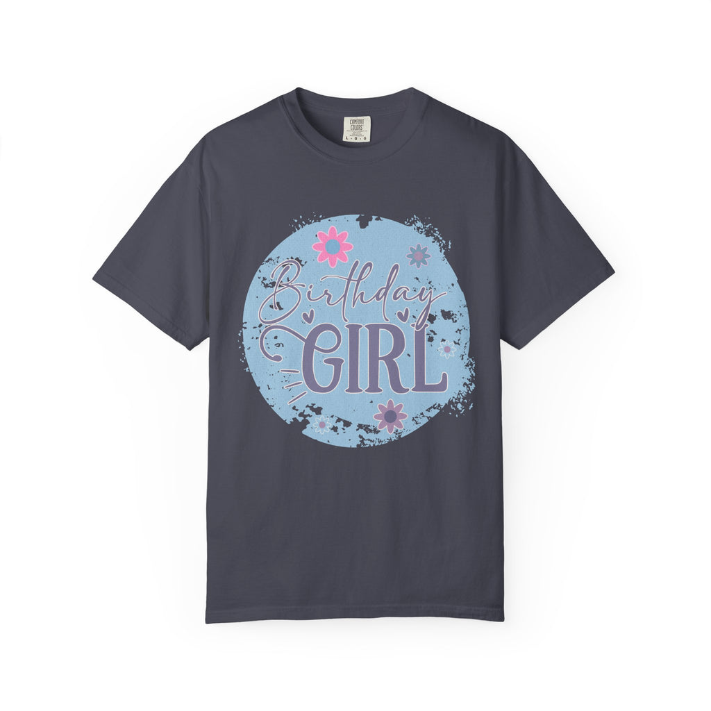 Birthday Girl Textured T-Shirt — Floral Blue Circle Graphic