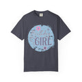 Birthday Girl Textured T-Shirt — Floral Blue Circle Graphic