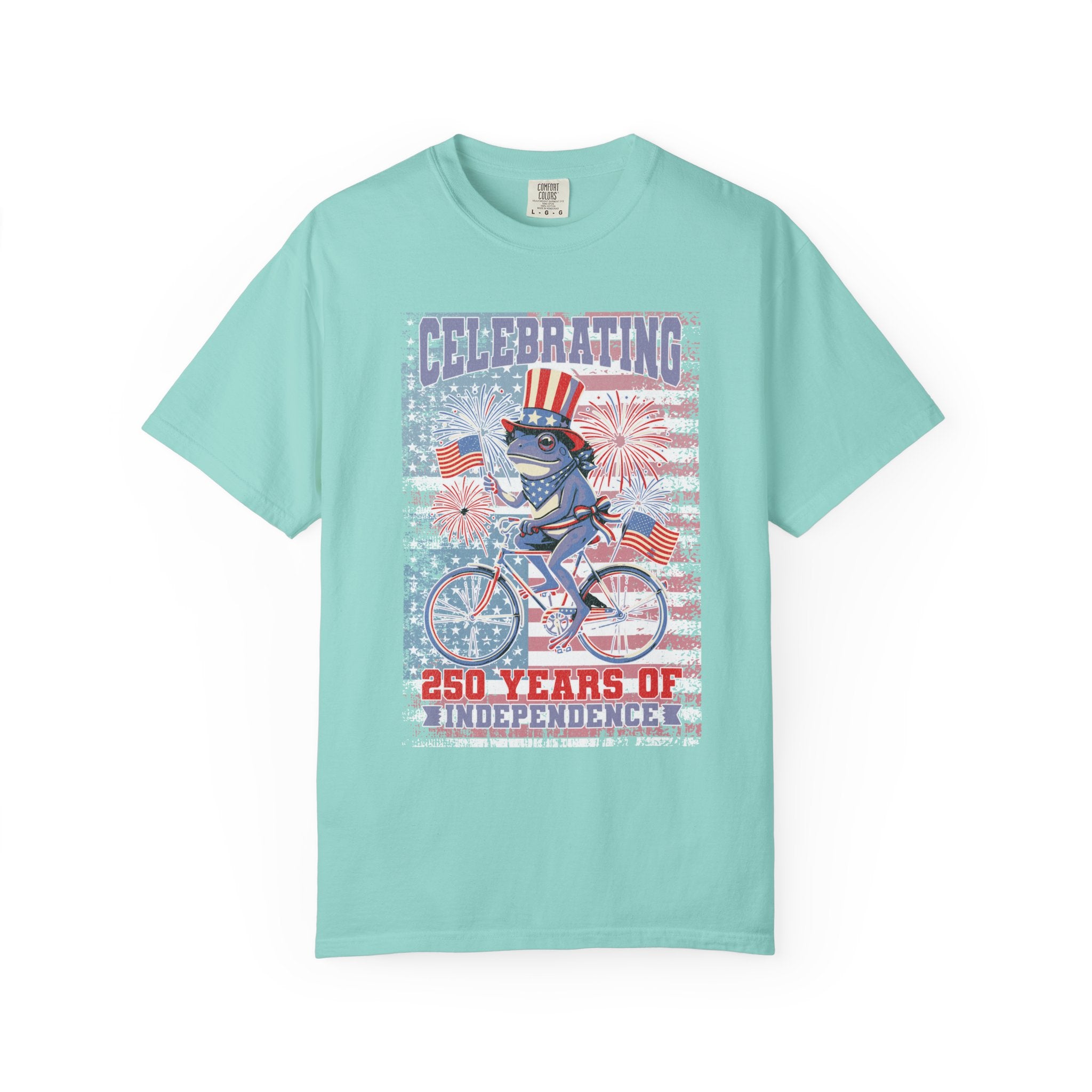 Textured Independence Day Patriotic T-Shirt — "Celebrating 250 Years of Independence" Bicycle Uncle Sam Design