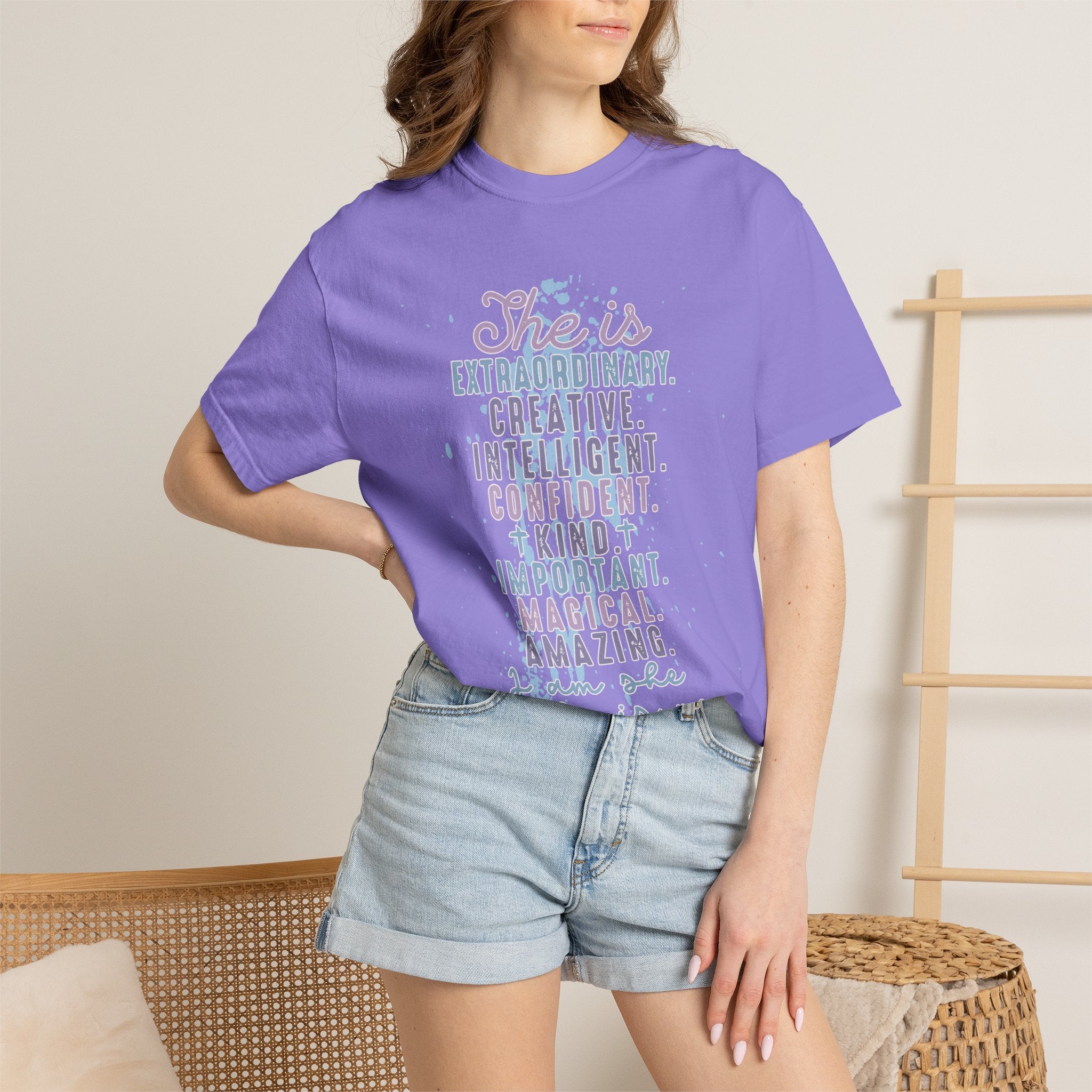 She Is Inspirational Textured Graphic T-Shirt — "She is extraordinary, creative, intelligent..."