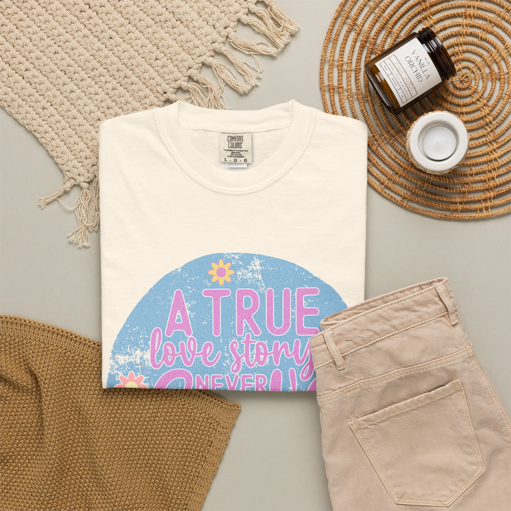 Textured T-Shirt — "A True Love Story Never Ends" Floral Graphic