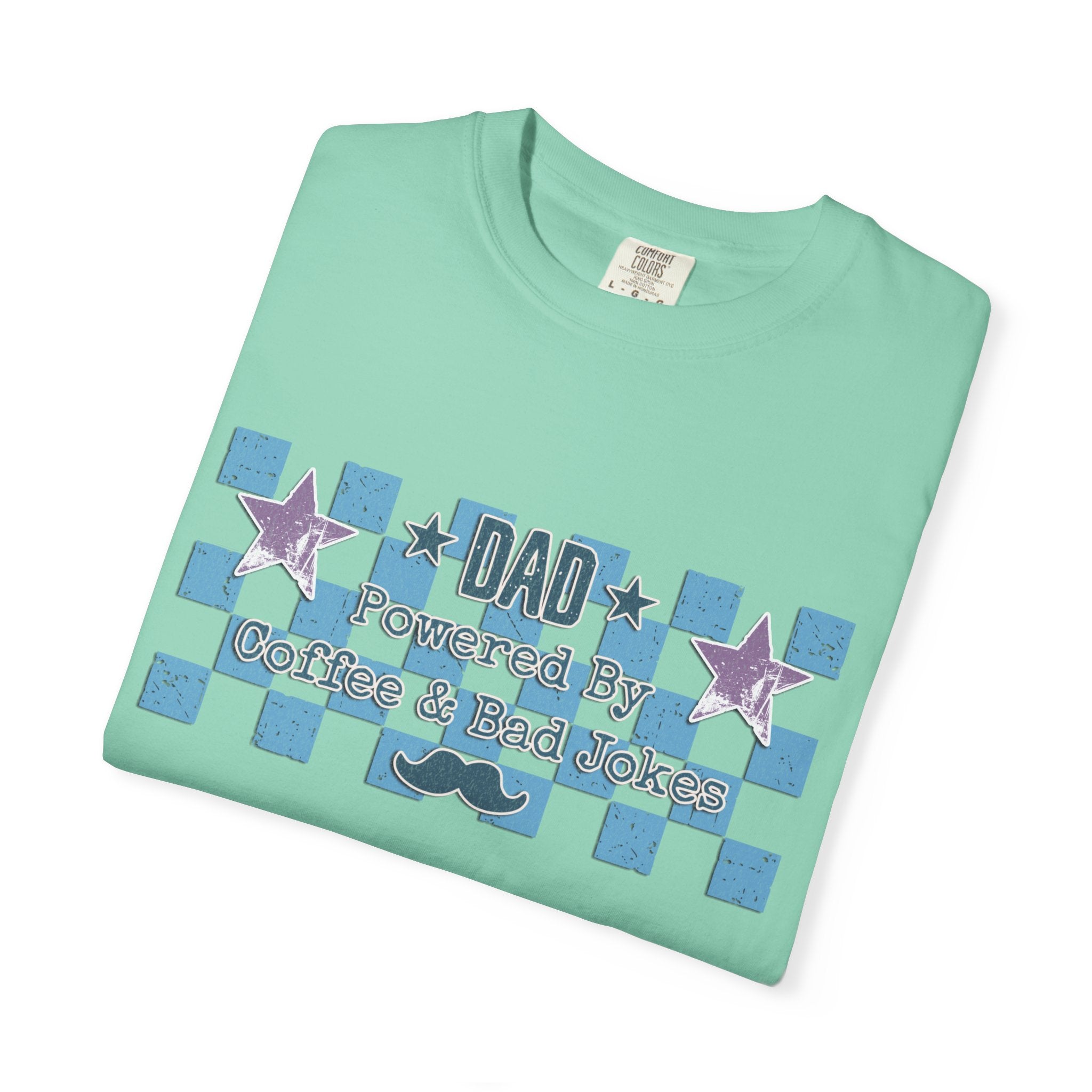 Textured Dad Powered By Coffee & Chaos T-Shirt — Retro Checkered Father's Day Tee