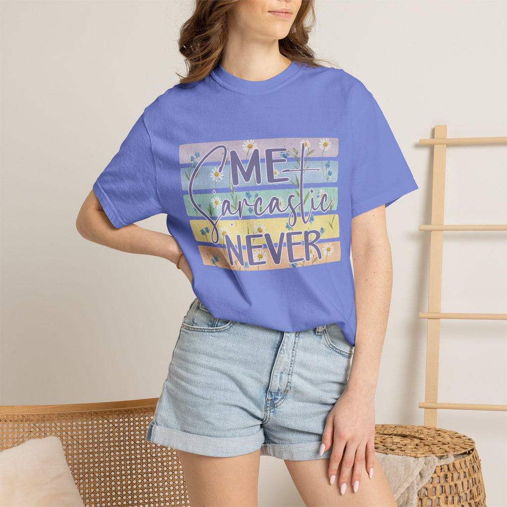 Textured Sarcastic Never T-Shirt — Pastel Striped "Me? Sarcastic? Never" Graphic Tee
