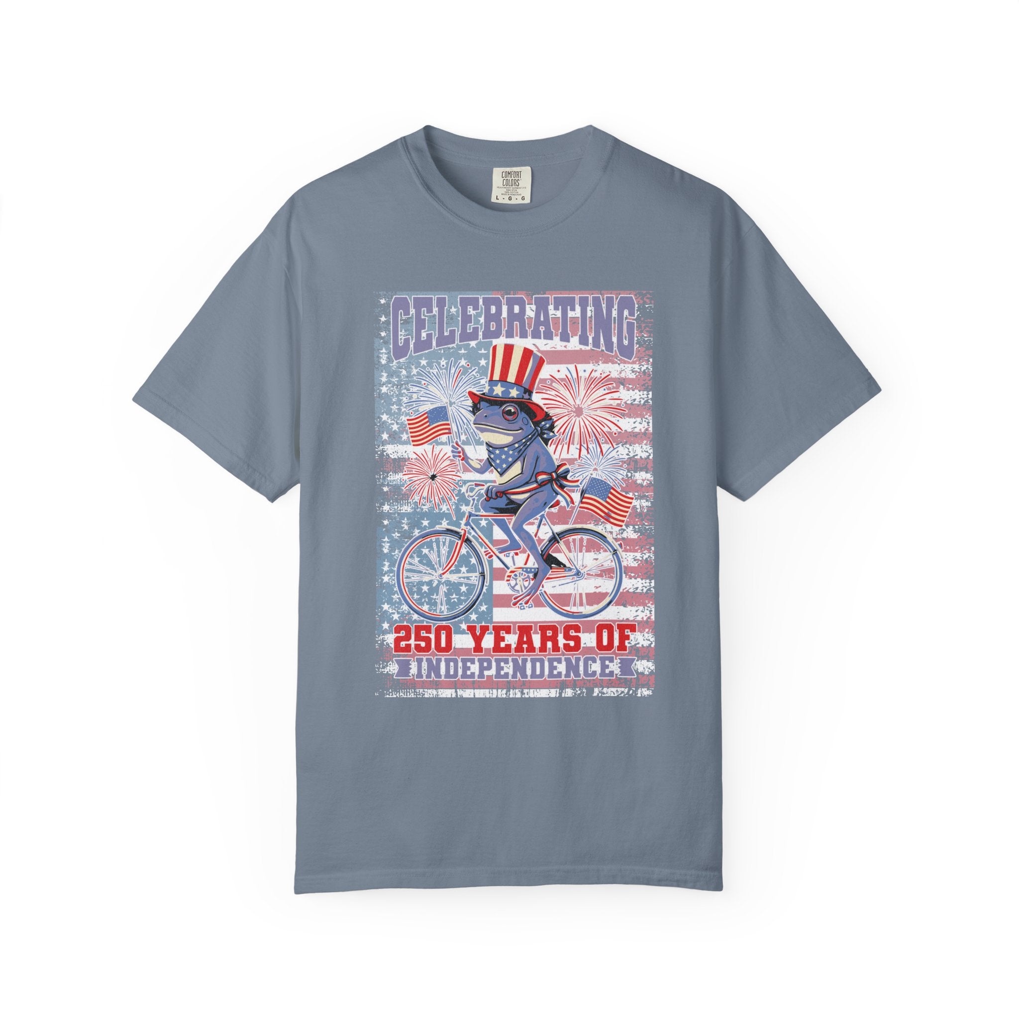 Textured Independence Day Patriotic T-Shirt — "Celebrating 250 Years of Independence" Bicycle Uncle Sam Design