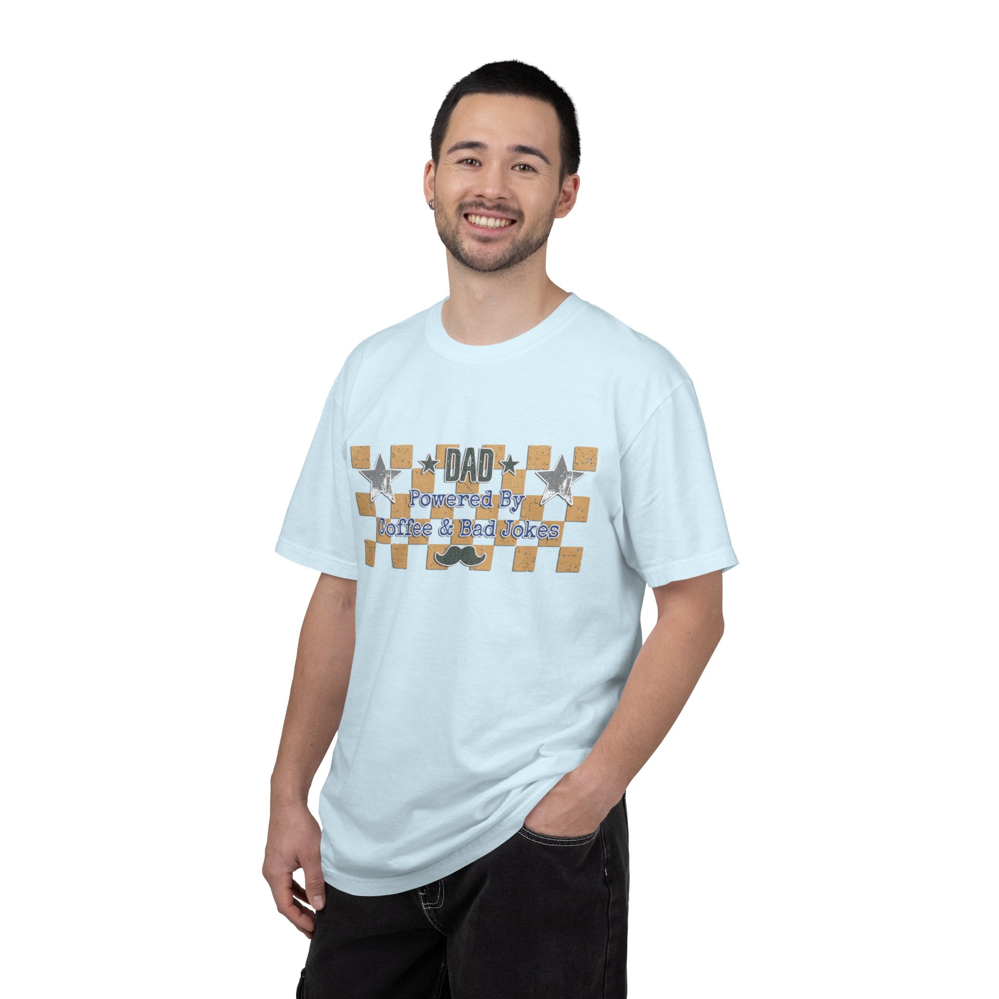Dad Powered By Coffee & Bad Jokes Textured T-Shirt — Funny Fathers Day Gift