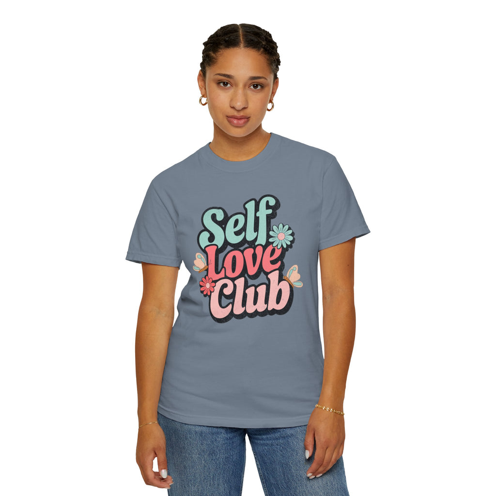 Self Love Club T-shirt | Textured Retro Floral Typography, Pastel 70s Vibe