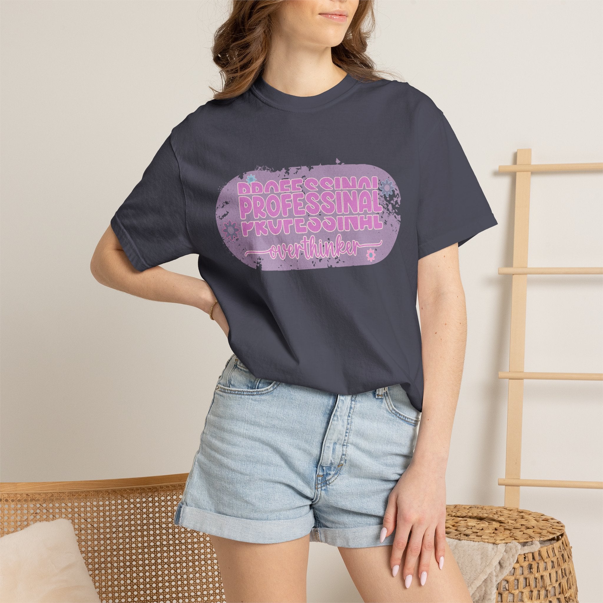 Professional Overthinker  Floral Textured T-Shirt — Retro Pink Graphic Tee