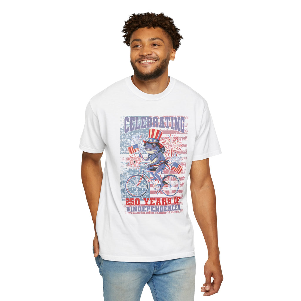 Textured Independence Day Patriotic T-Shirt — "Celebrating 250 Years of Independence" Bicycle Uncle Sam Design
