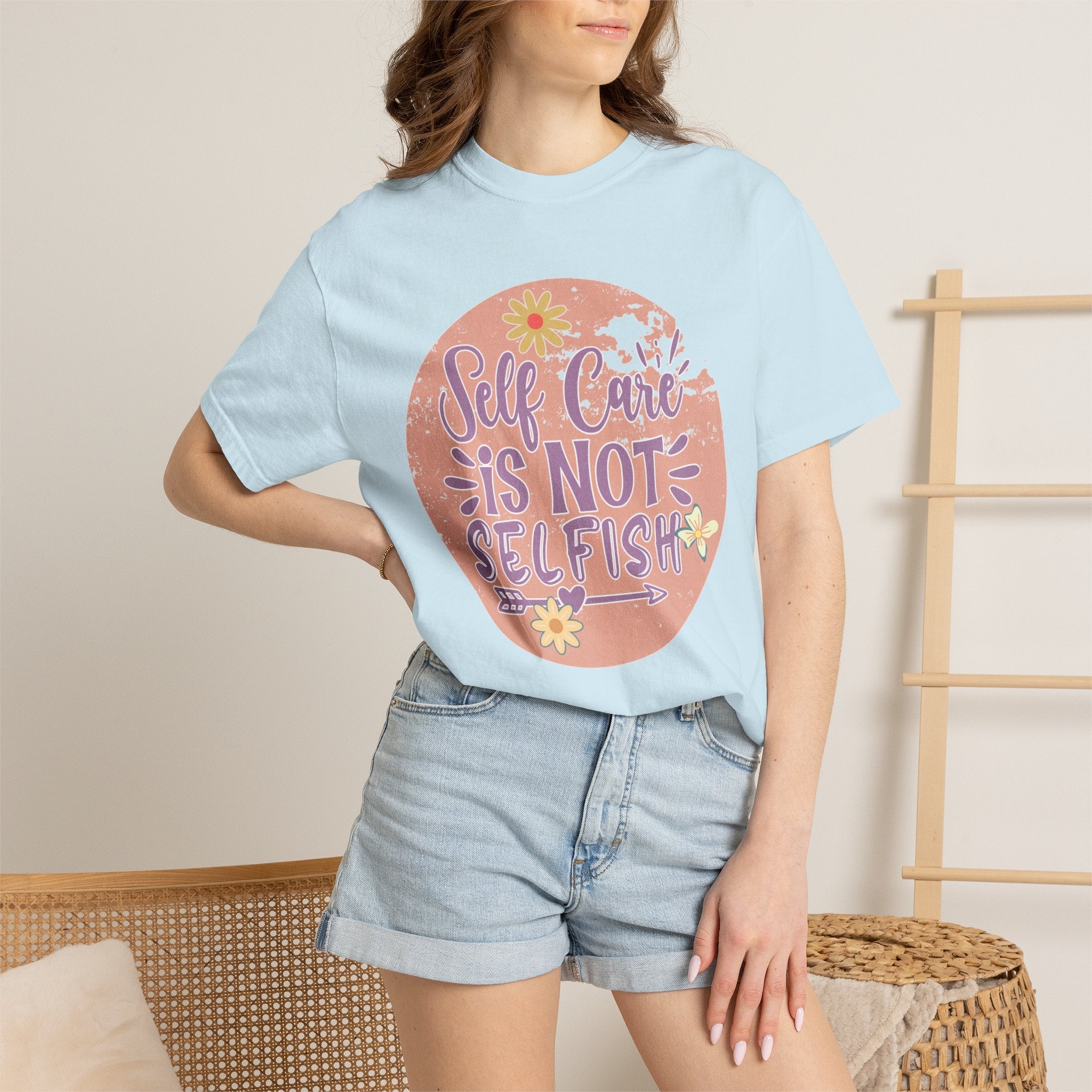 Self Care Is Not Selfish Texture  T-Shirt — Floral Mental Health Awareness Tee