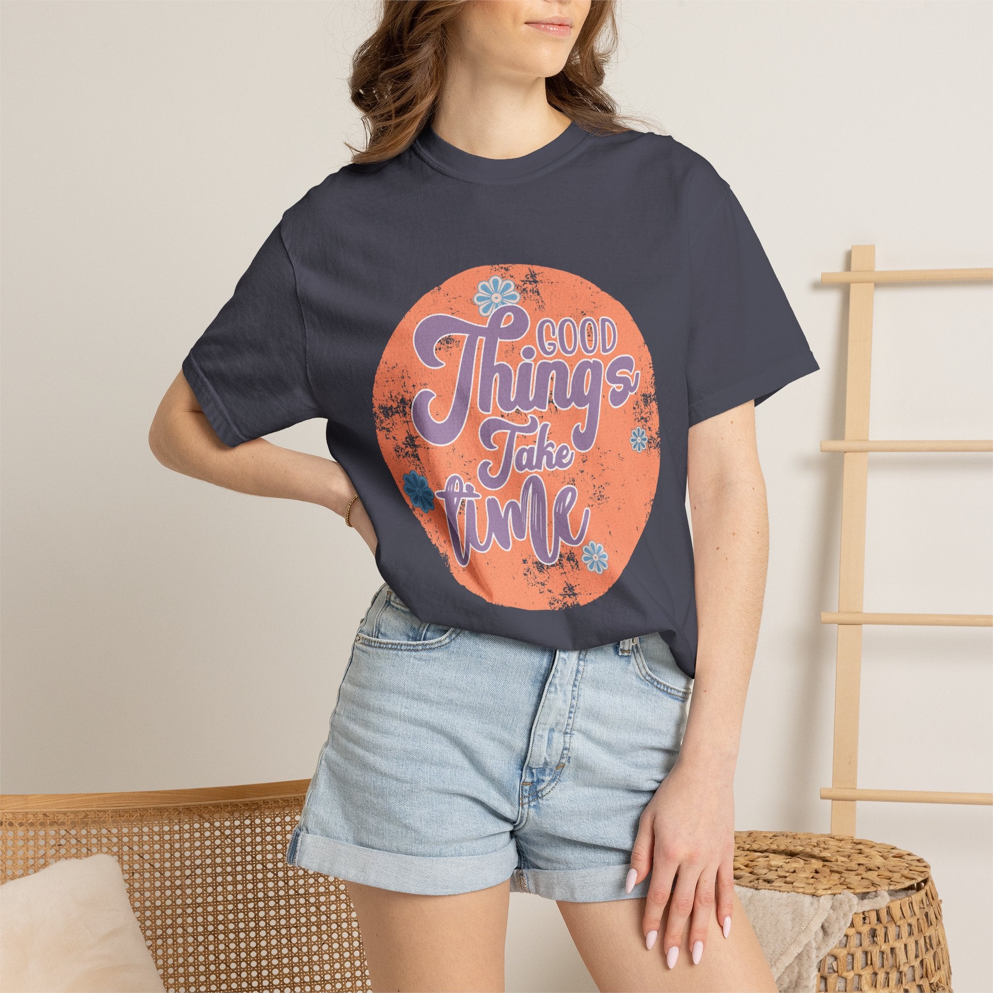 Good Things Take Time T-shirt | Textured Retro Script Circle Design