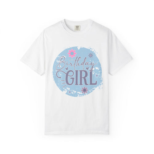 Birthday Girl Textured T-Shirt — Floral Blue Circle Graphic