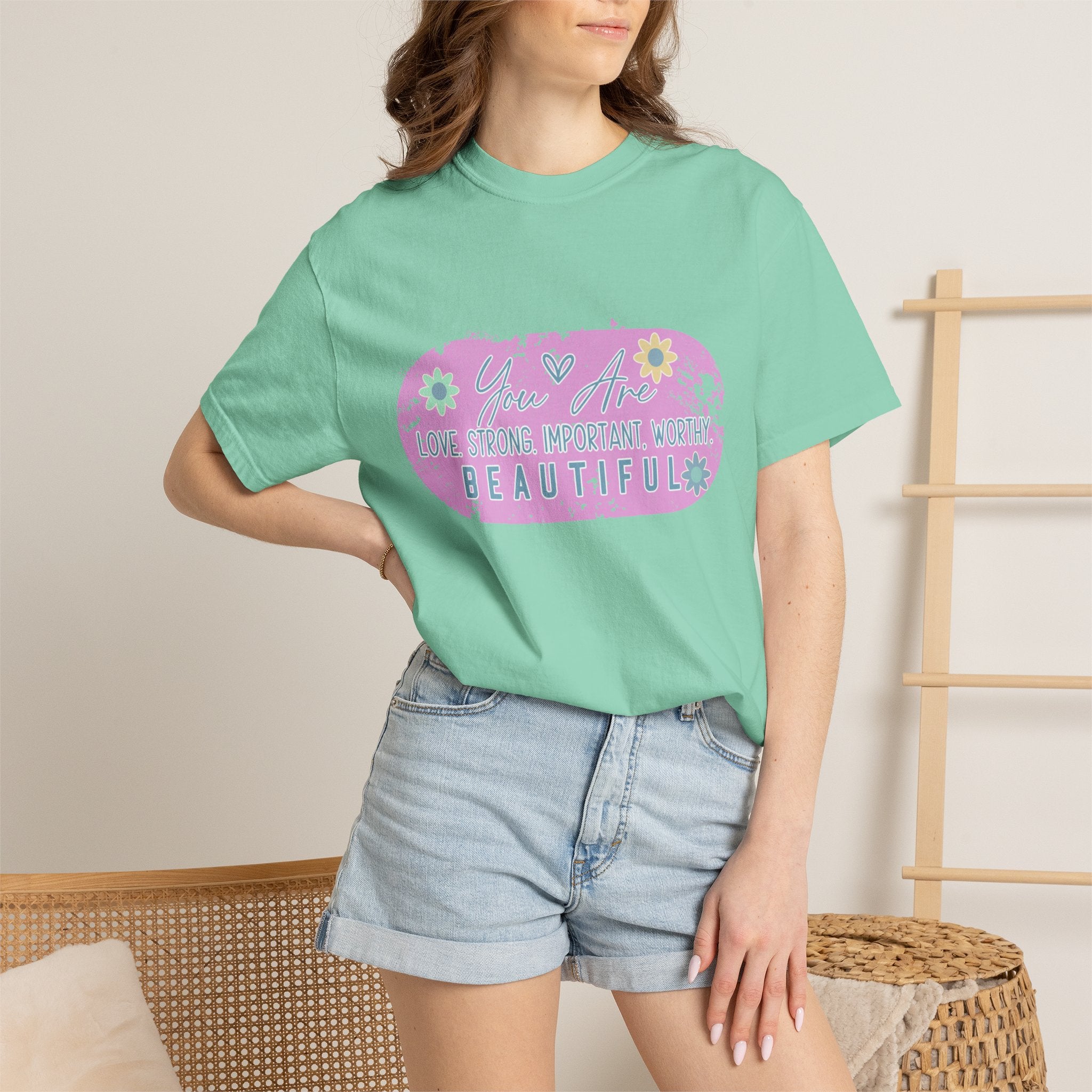 Textured T-Shirt — She is Brave, Strong, Worthy, Beautiful Floral Graphic Tee