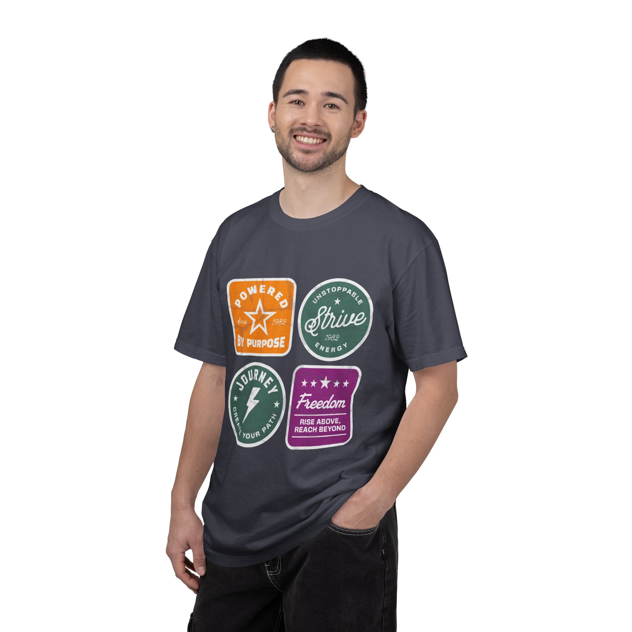 Motivational Badge T-Shirt — "Powered by Purpose / Strive / Journey / Freedom"