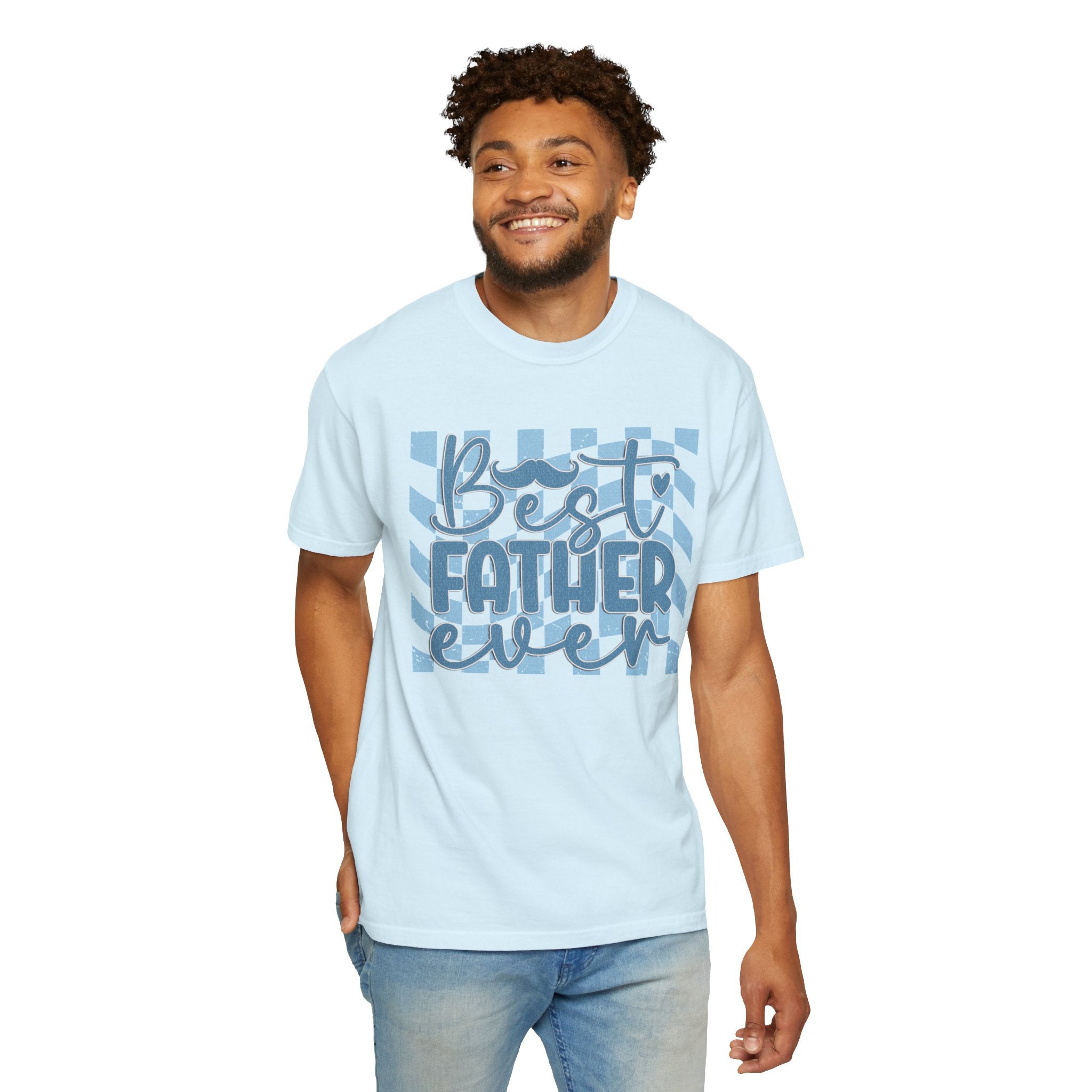 Textured Best Father Ever T-Shirt — Retro Blue Check Fathers Day Tee
