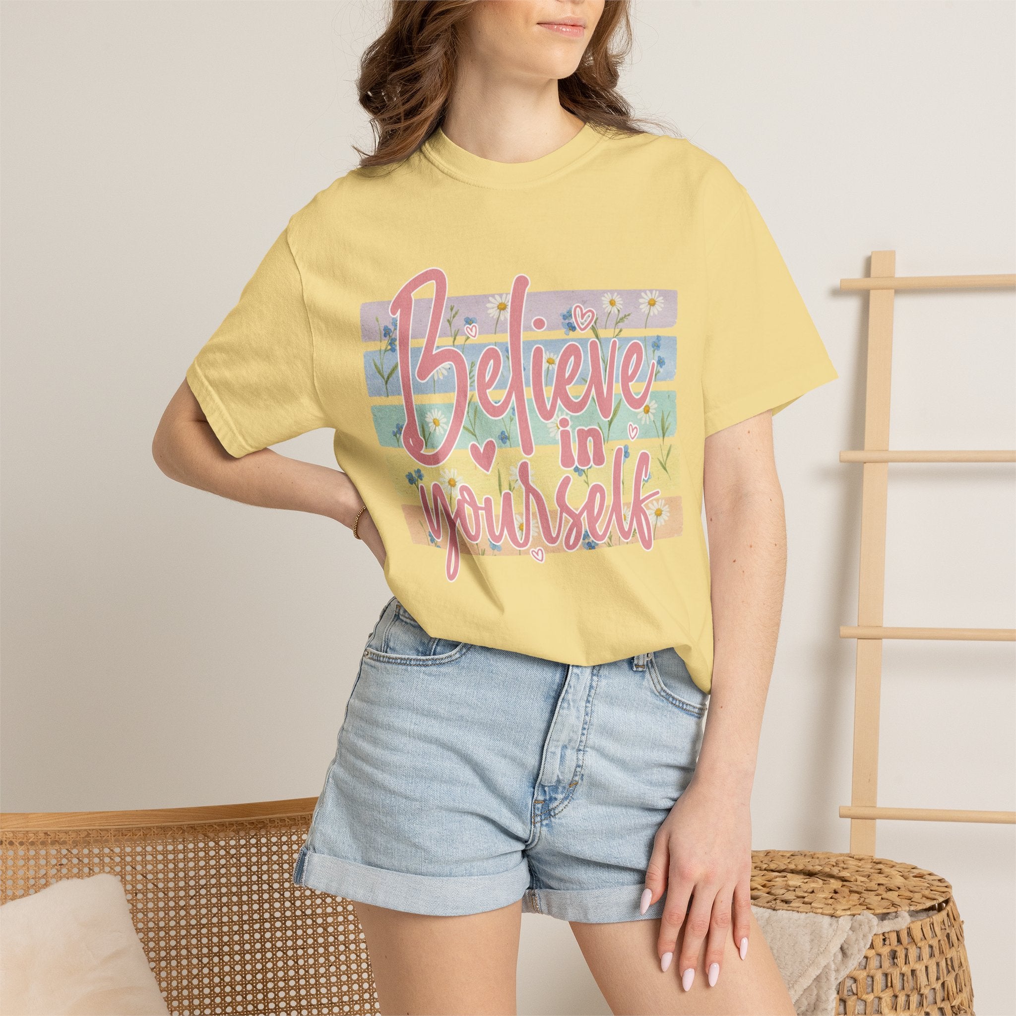 Textured Believe in Yourself T-Shirt — Pastel Floral Inspirational Tee
