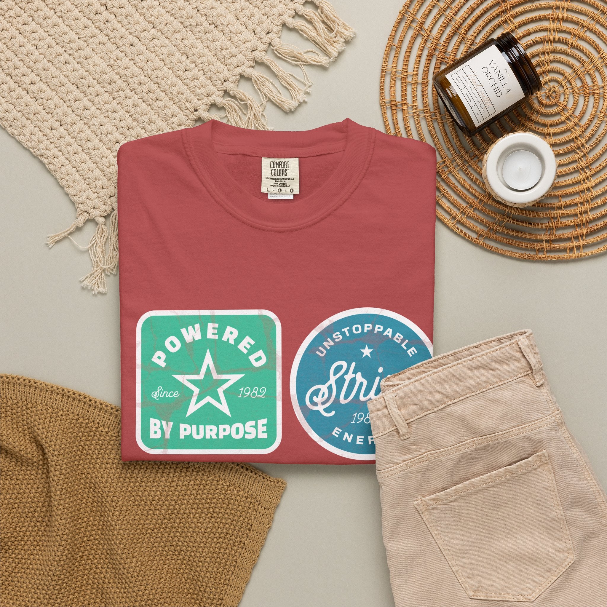 Motivational Badge Graphic Textured T-Shirt — "Powered by Purpose, Strive, Journey, Freedom"