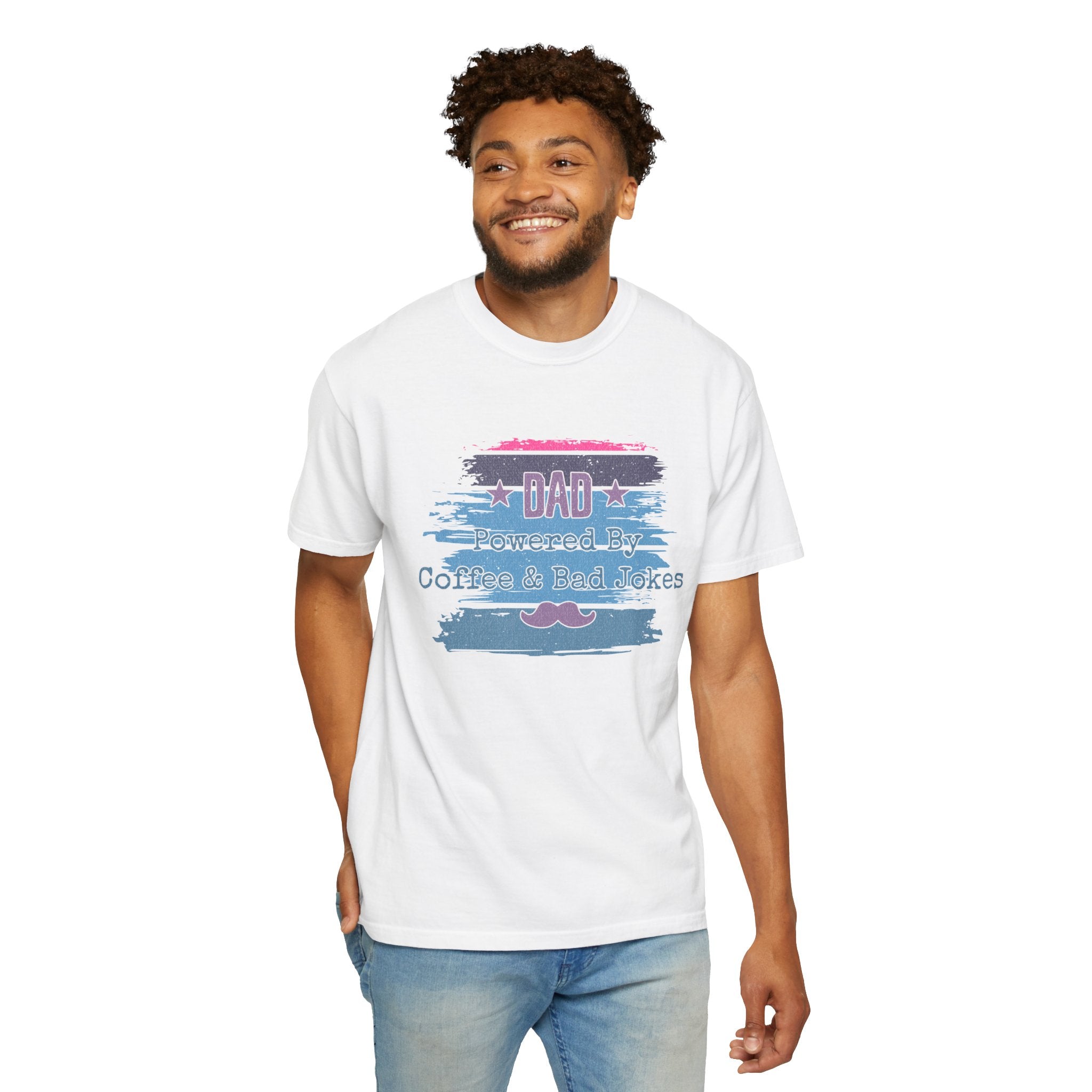 Textured Dad T-Shirt - "Powered By Coffee & Bad Jokes" Vintage Stripe Father's Day Tee