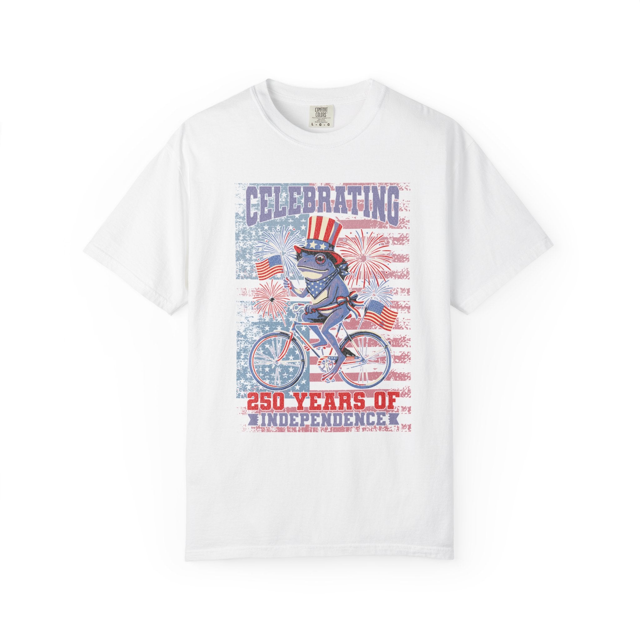 Textured Independence Day Patriotic T-Shirt — "Celebrating 250 Years of Independence" Bicycle Uncle Sam Design